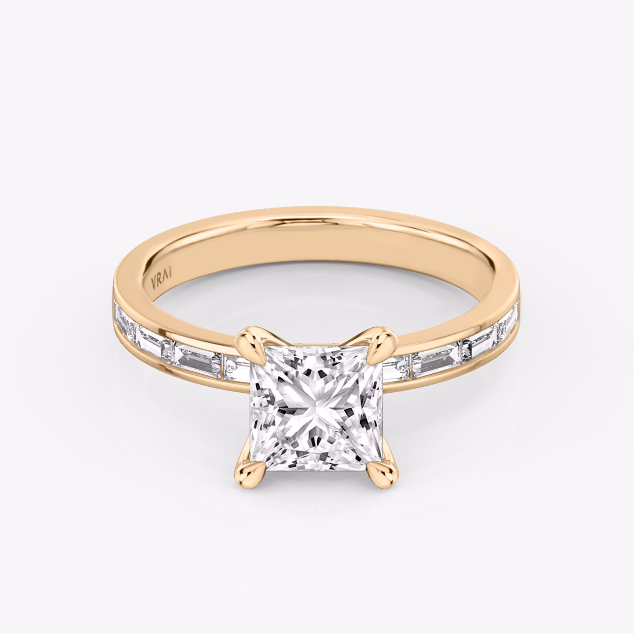 The Devotion | Princess | 14k | Rose Gold | bandAccent: Pavé | bandStoneShape: Baguette | bandStoneStyle: original | diamondOrientation: vertical | caratWeight: other