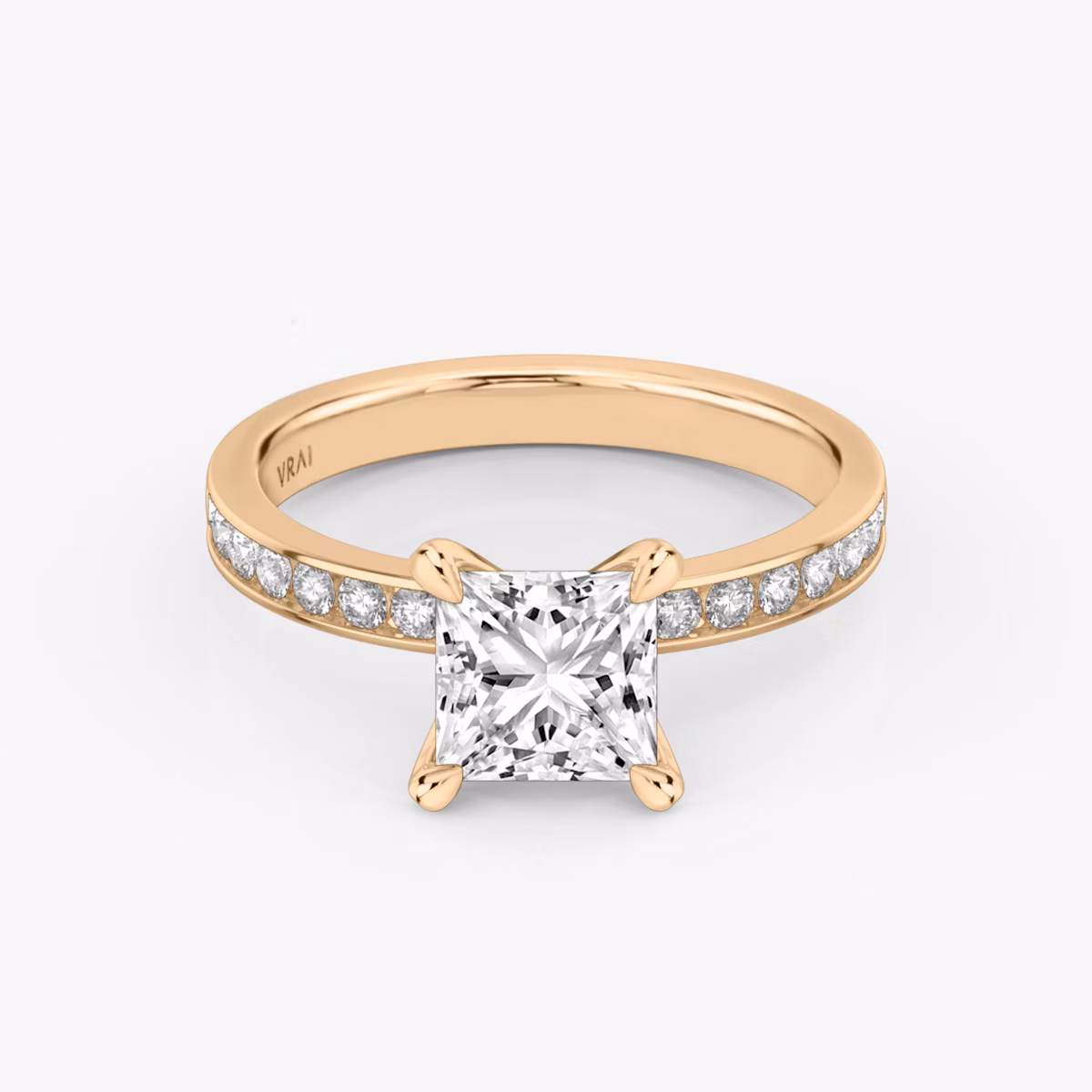 The Devotion | Princess | 14k | Rose Gold | bandAccent: Pavé | bandStoneShape: Round Brilliant | bandStoneStyle: large | diamondOrientation: vertical | caratWeight: other