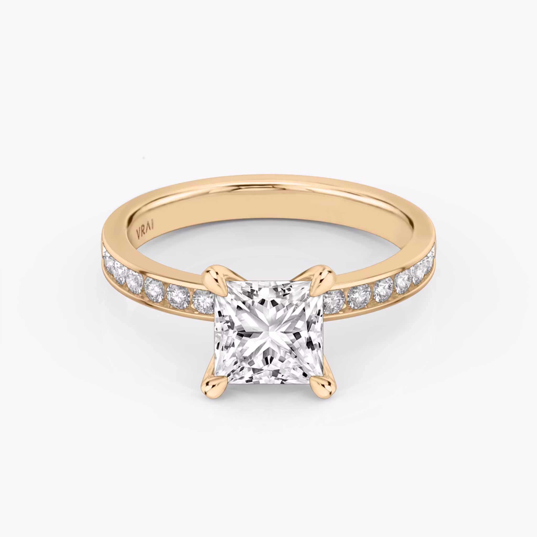 The Devotion | Princess | 14k | Rose Gold | bandAccent: Pavé | bandStoneShape: Round Brilliant | bandStoneStyle: large | diamondOrientation: vertical | caratWeight: other