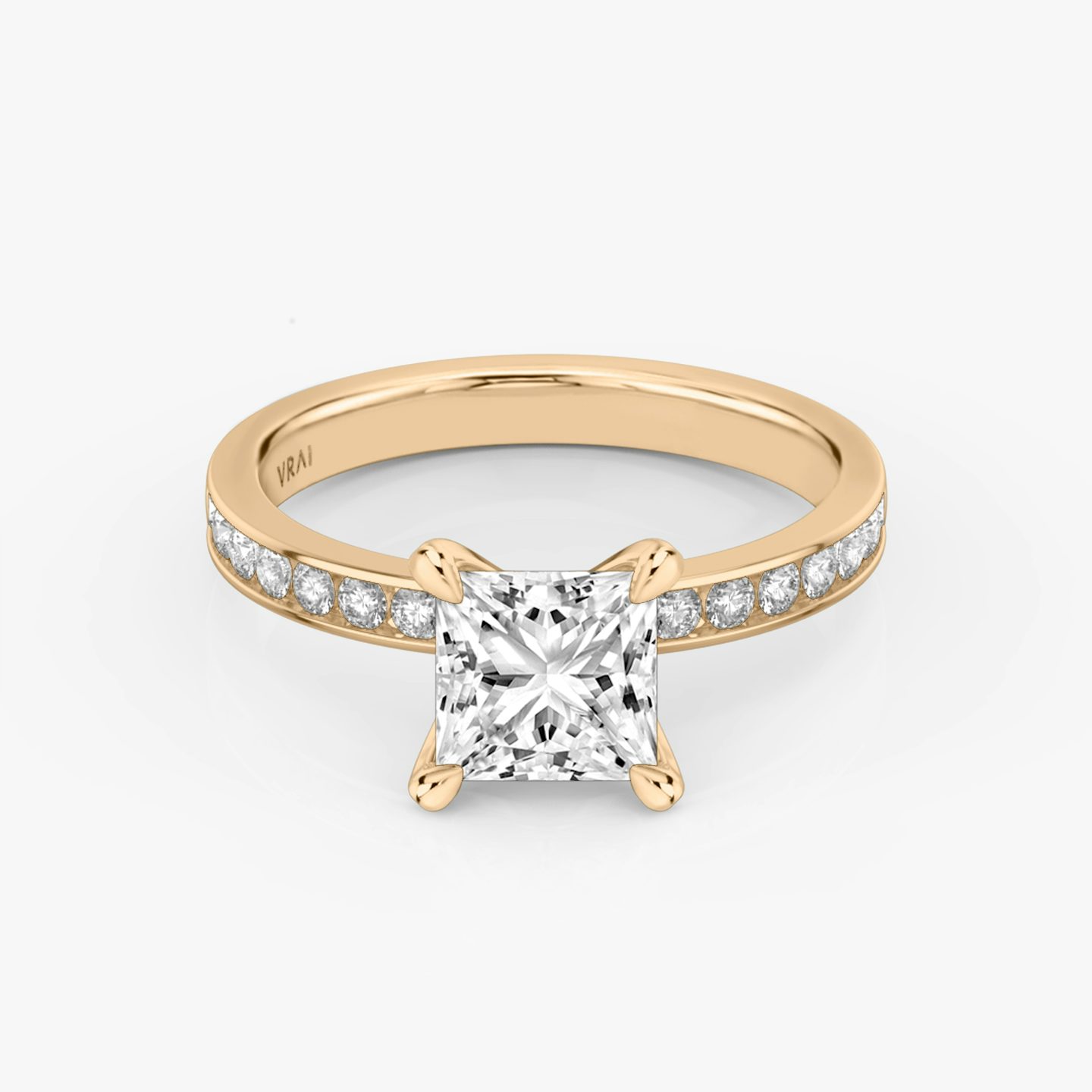 The Devotion | Princess | 14k | Rose Gold | bandAccent: Pavé | bandStoneShape: Round Brilliant | bandStoneStyle: large | diamondOrientation: vertical | caratWeight: other