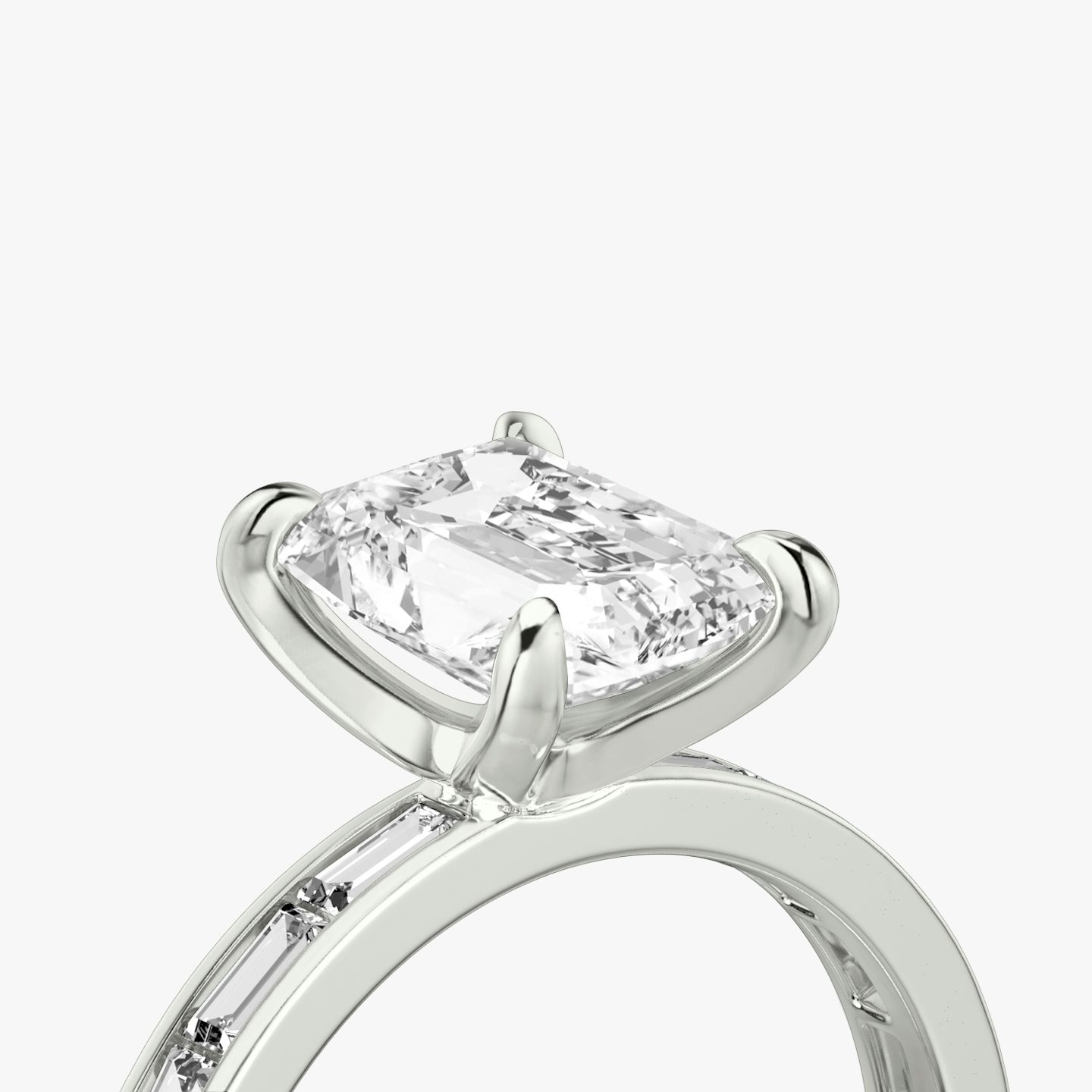 The Devotion | Radiant | Platinum | bandAccent: Pavé | bandStoneShape: Baguette | bandStoneStyle: original | diamondOrientation: vertical | caratWeight: other