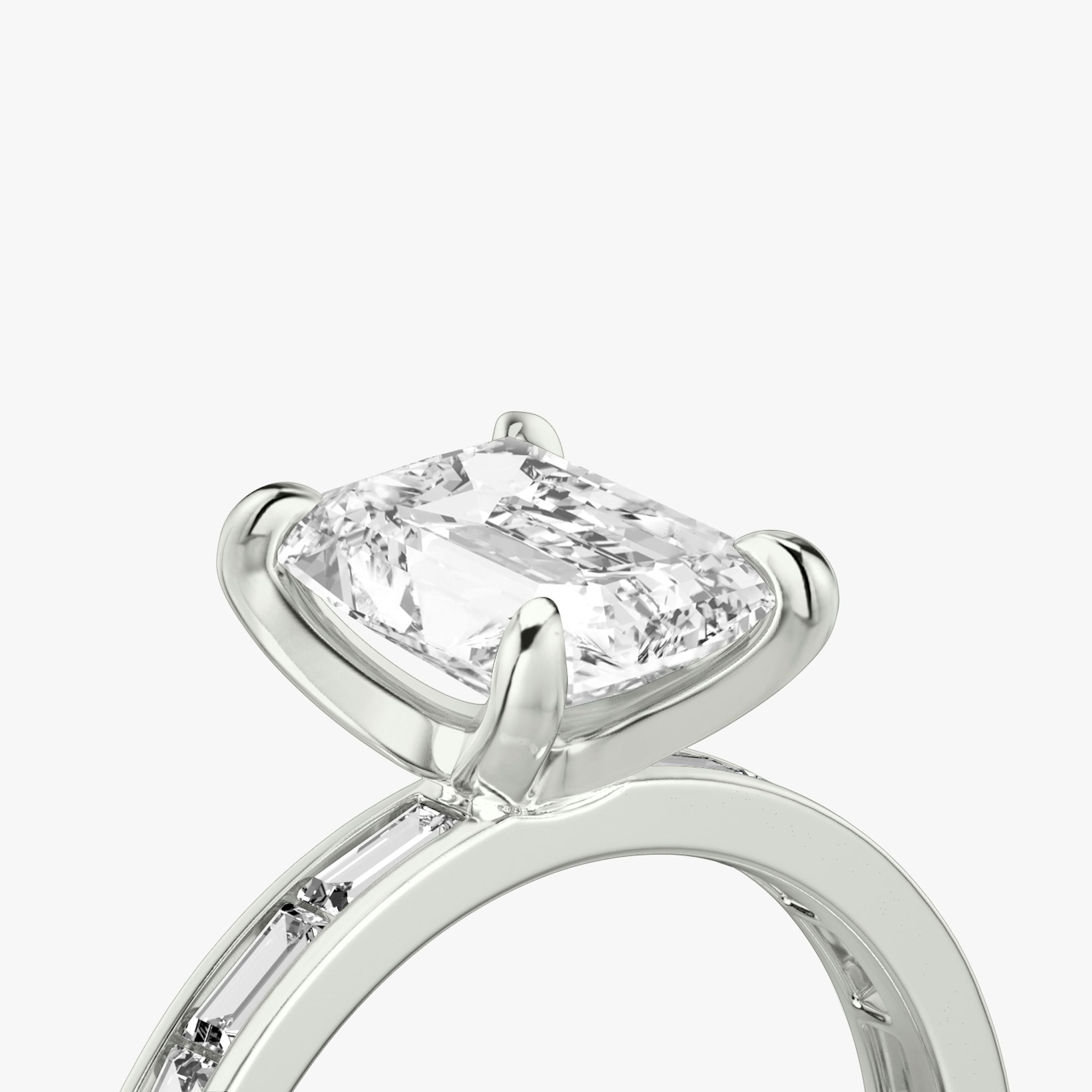The Devotion | Radiant | 18k | White Gold | bandAccent: Pavé | bandStoneShape: Baguette | bandStoneStyle: original | diamondOrientation: vertical | caratWeight: other