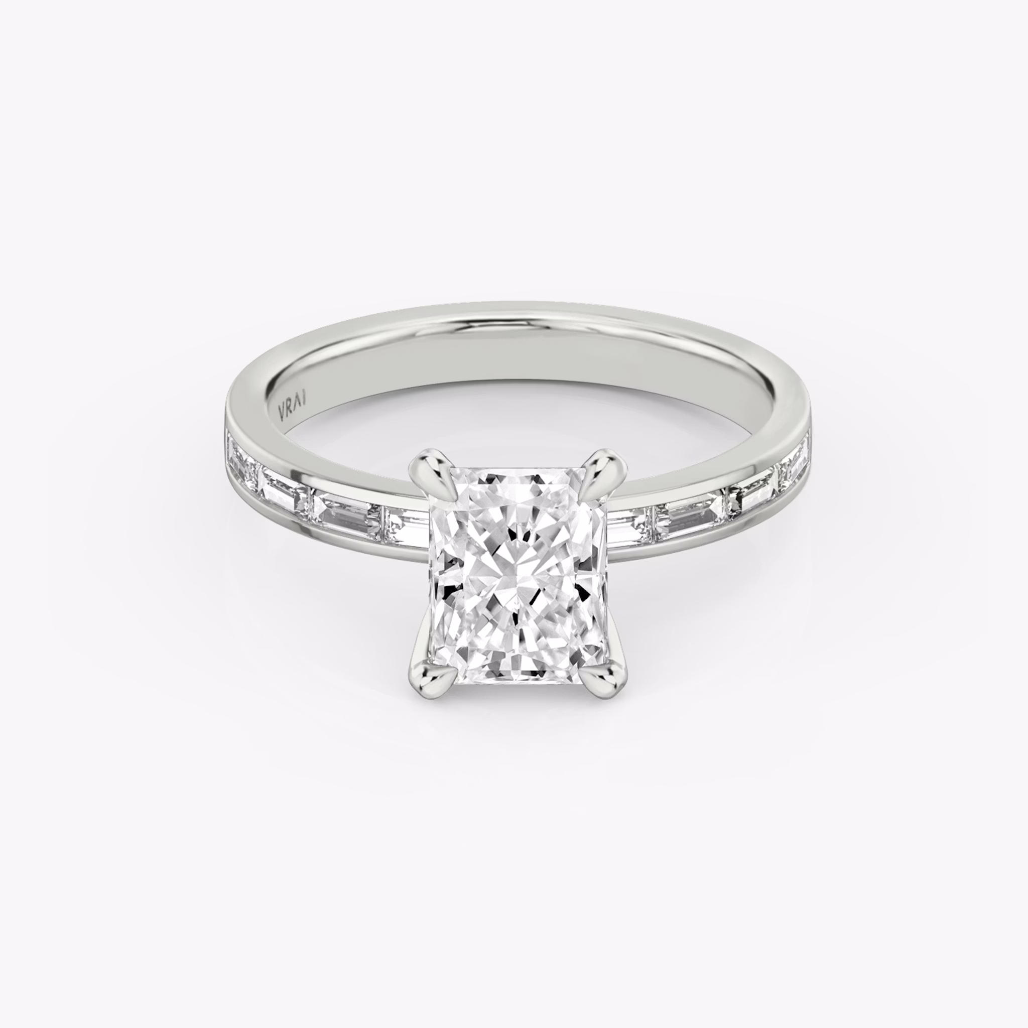 The Devotion | Radiant | 18k | White Gold | bandAccent: Pavé | bandStoneShape: Baguette | bandStoneStyle: original | diamondOrientation: vertical | caratWeight: other