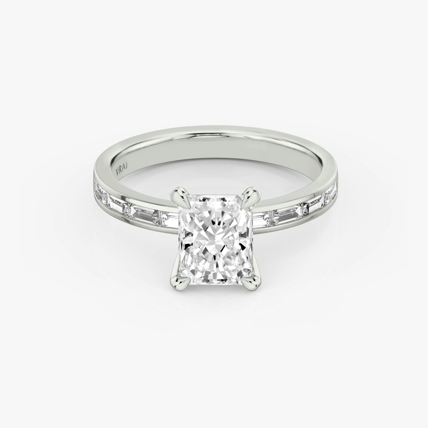 The Devotion | Radiant | Platinum | bandAccent: Pavé | bandStoneShape: Baguette | bandStoneStyle: original | diamondOrientation: vertical | caratWeight: other