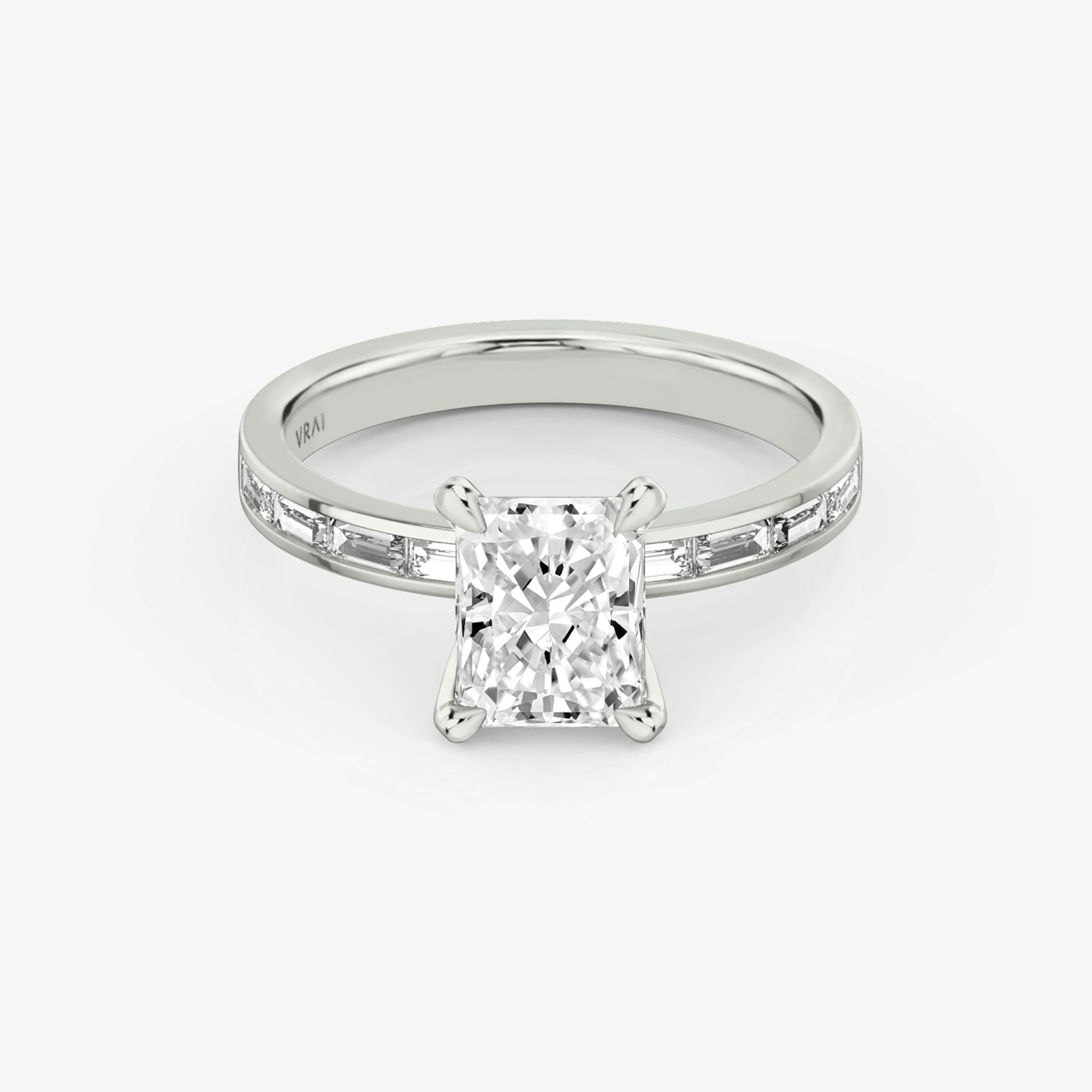 The Devotion | Radiant | 18k | White Gold | bandAccent: Pavé | bandStoneShape: Baguette | bandStoneStyle: original | diamondOrientation: vertical | caratWeight: other