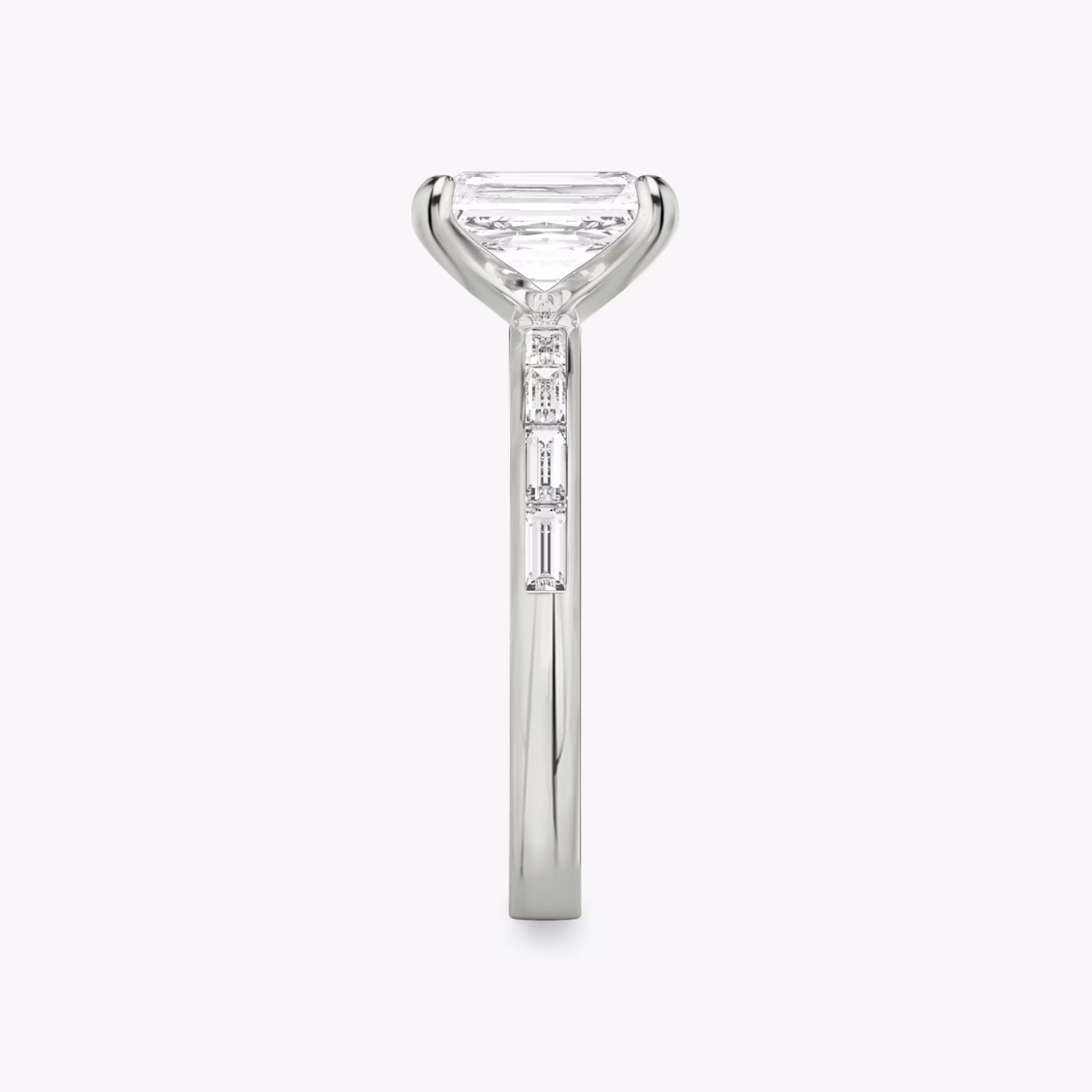 The Devotion | Radiant | 18k | White Gold | bandAccent: Pavé | bandStoneShape: Baguette | bandStoneStyle: original | diamondOrientation: vertical | caratWeight: other