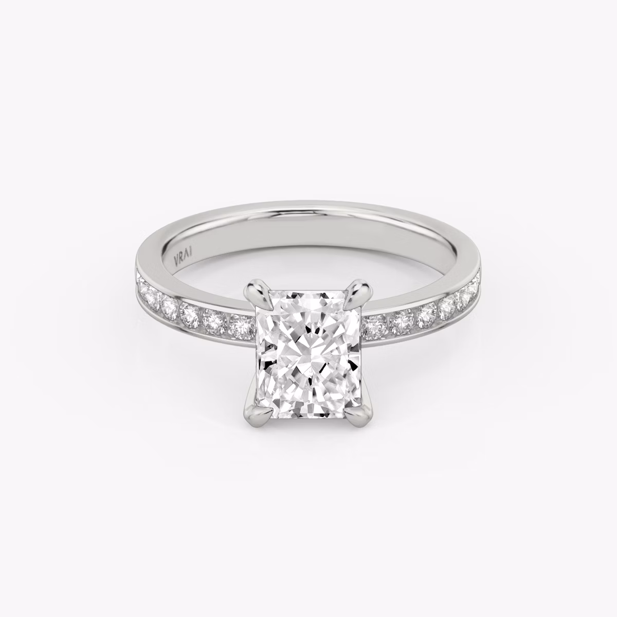The Devotion | Radiant | Platinum | bandAccent: Pavé | bandStoneShape: Round Brilliant | bandStoneStyle: large | diamondOrientation: vertical | caratWeight: other