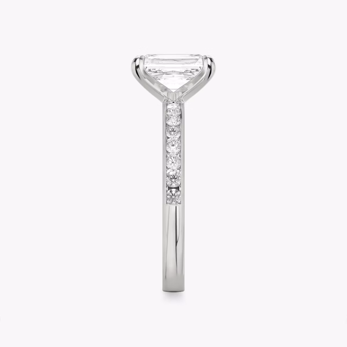 The Devotion | Radiant | Platinum | bandAccent: Pavé | bandStoneShape: Round Brilliant | bandStoneStyle: large | diamondOrientation: vertical | caratWeight: other