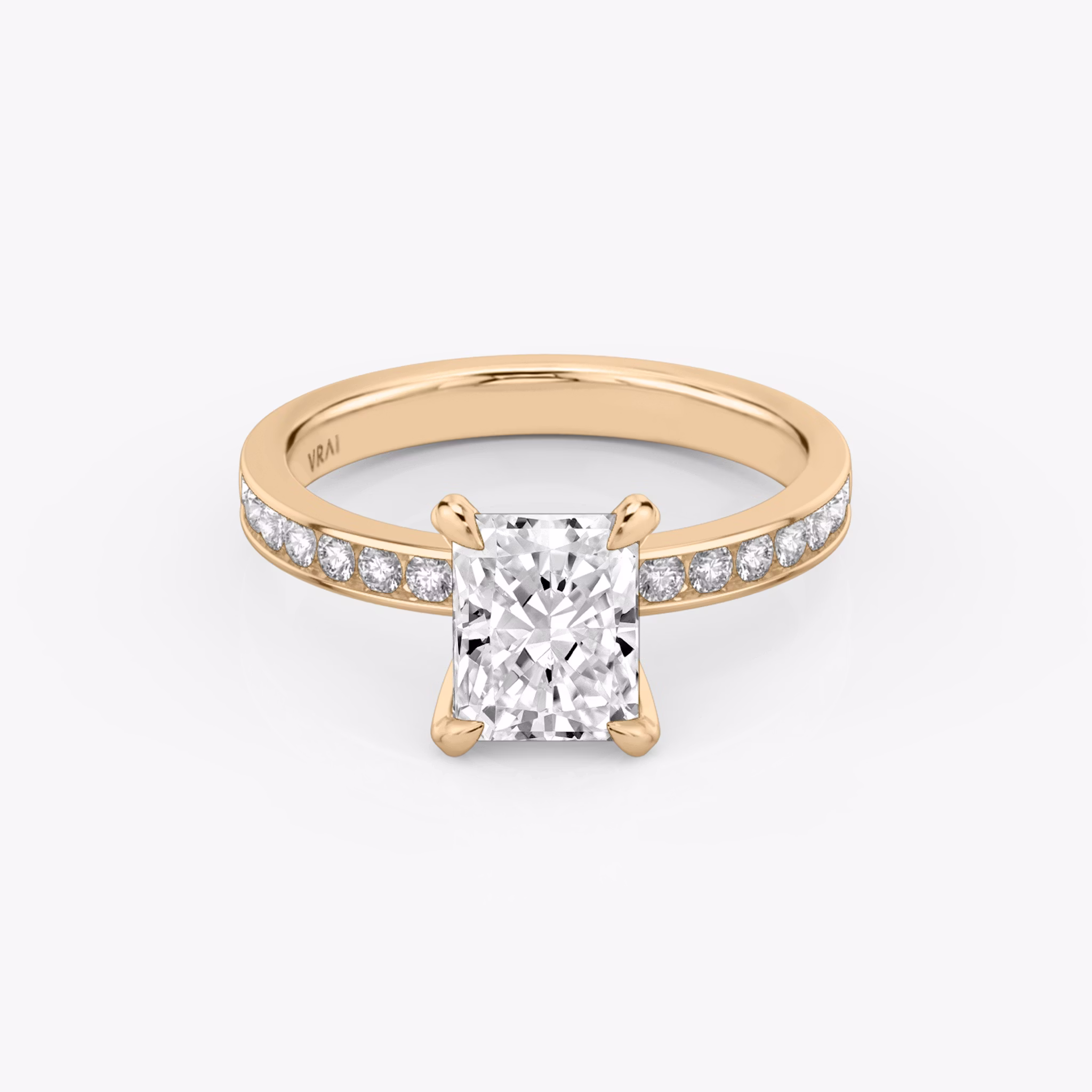 The Devotion | Radiant | 14k | Rose Gold | bandAccent: Pavé | bandStoneShape: Round Brilliant | bandStoneStyle: large | diamondOrientation: vertical | caratWeight: other
