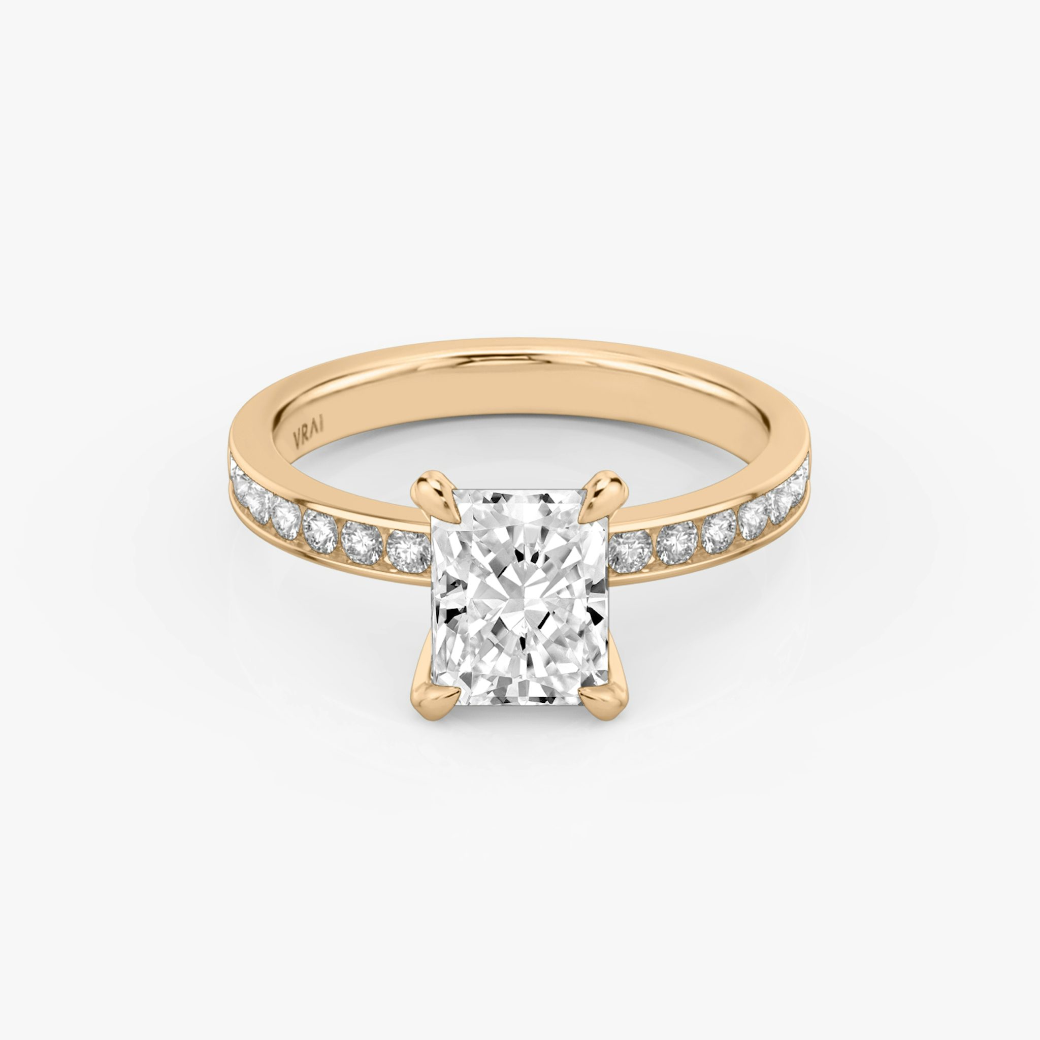 The Devotion | Radiant | 14k | Rose Gold | bandAccent: Pavé | bandStoneShape: Round Brilliant | bandStoneStyle: large | diamondOrientation: vertical | caratWeight: other