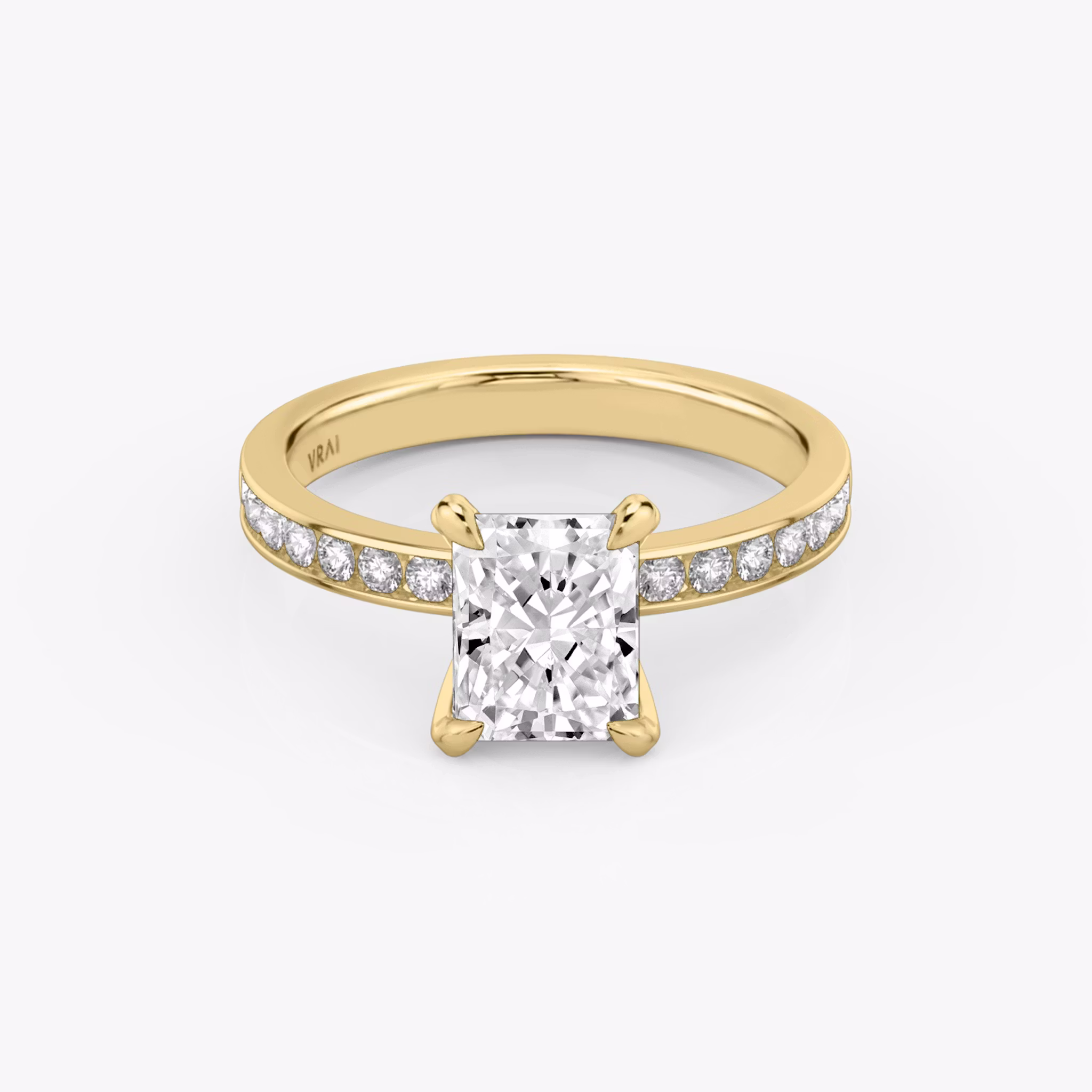 The Devotion | Radiant | 18k | Yellow Gold | bandAccent: Pavé | bandStoneShape: Round Brilliant | bandStoneStyle: large | diamondOrientation: vertical | caratWeight: other