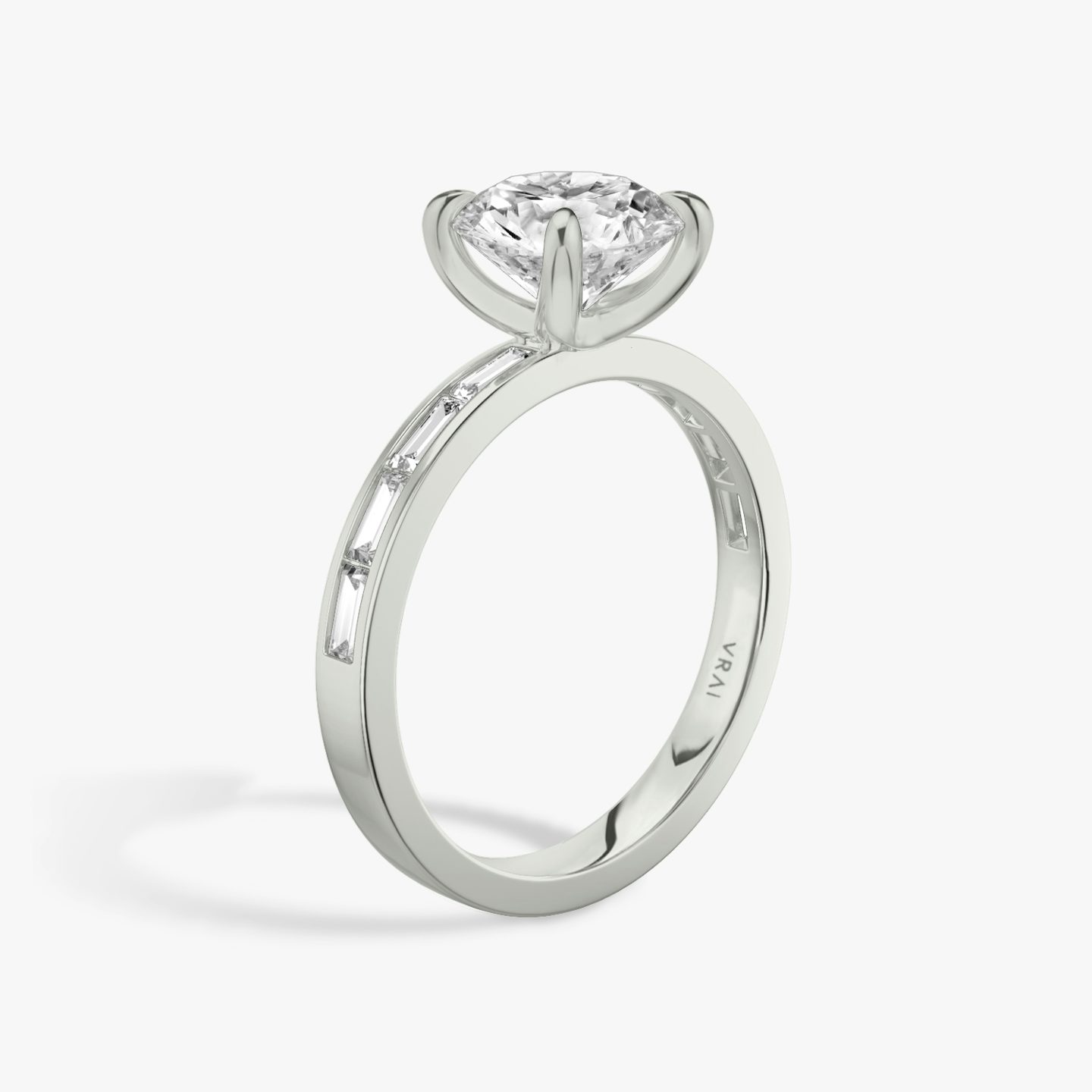 The Devotion | Round Brilliant | 18k | White Gold | bandAccent: Pavé | bandStoneShape: Baguette | bandStoneStyle: original | caratWeight: 2.0ct | diamondOrientation: vertical
