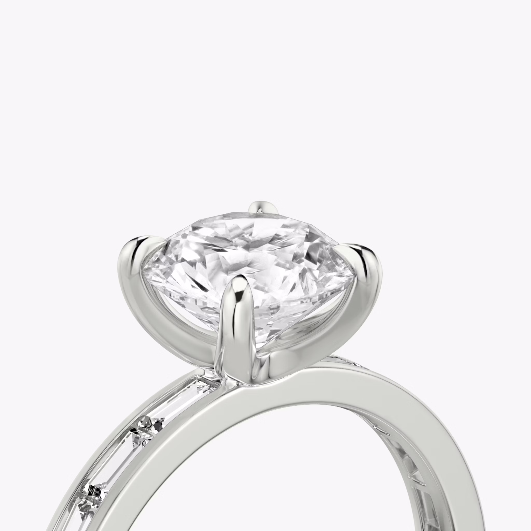 The Devotion | Round Brilliant | Platinum | bandAccent: Pavé | bandStoneShape: Baguette | bandStoneStyle: original | caratWeight: 1.0ct | diamondOrientation: vertical