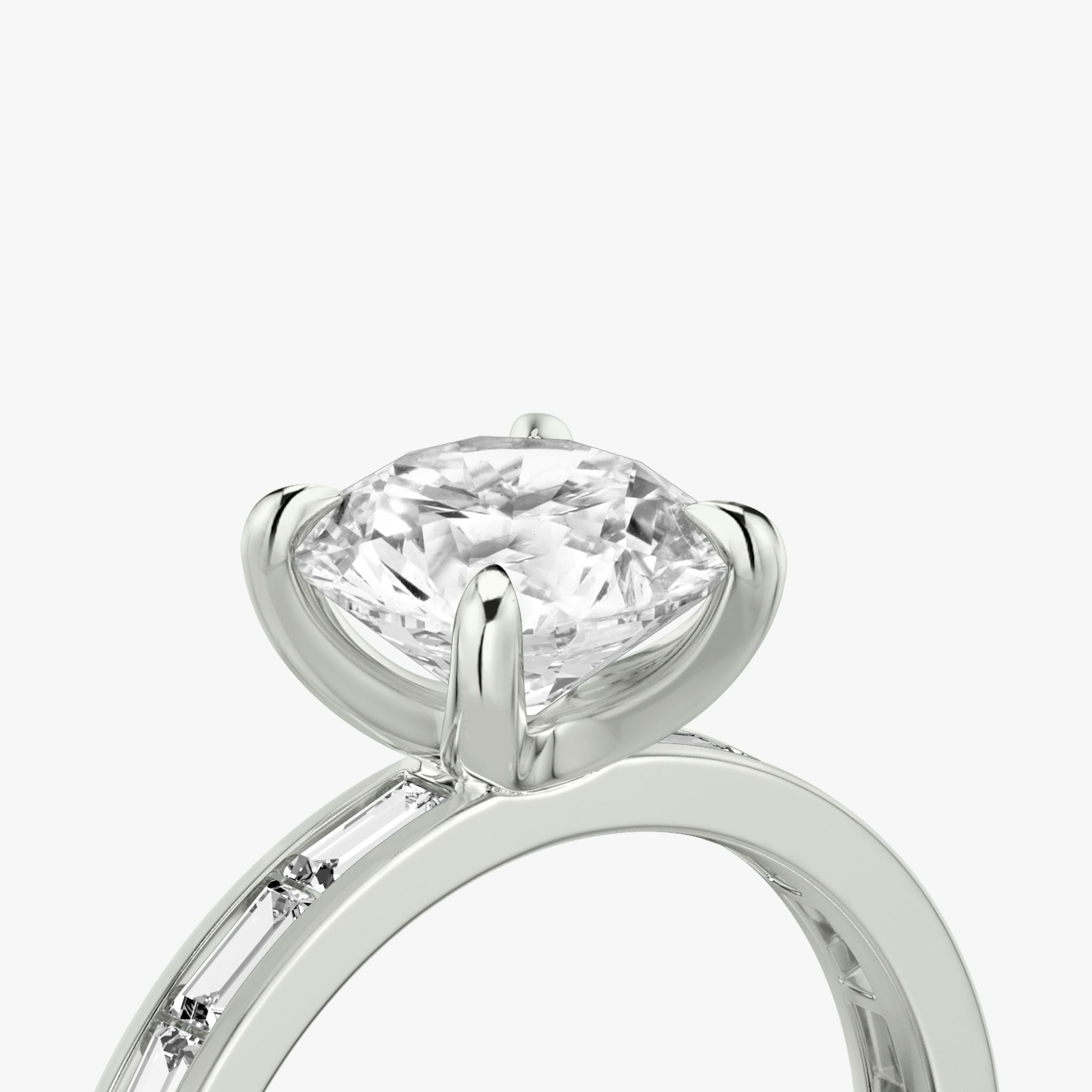 The Devotion | Round Brilliant | Platinum | bandAccent: Pavé | bandStoneShape: Baguette | bandStoneStyle: original | caratWeight: 1.0ct | diamondOrientation: vertical