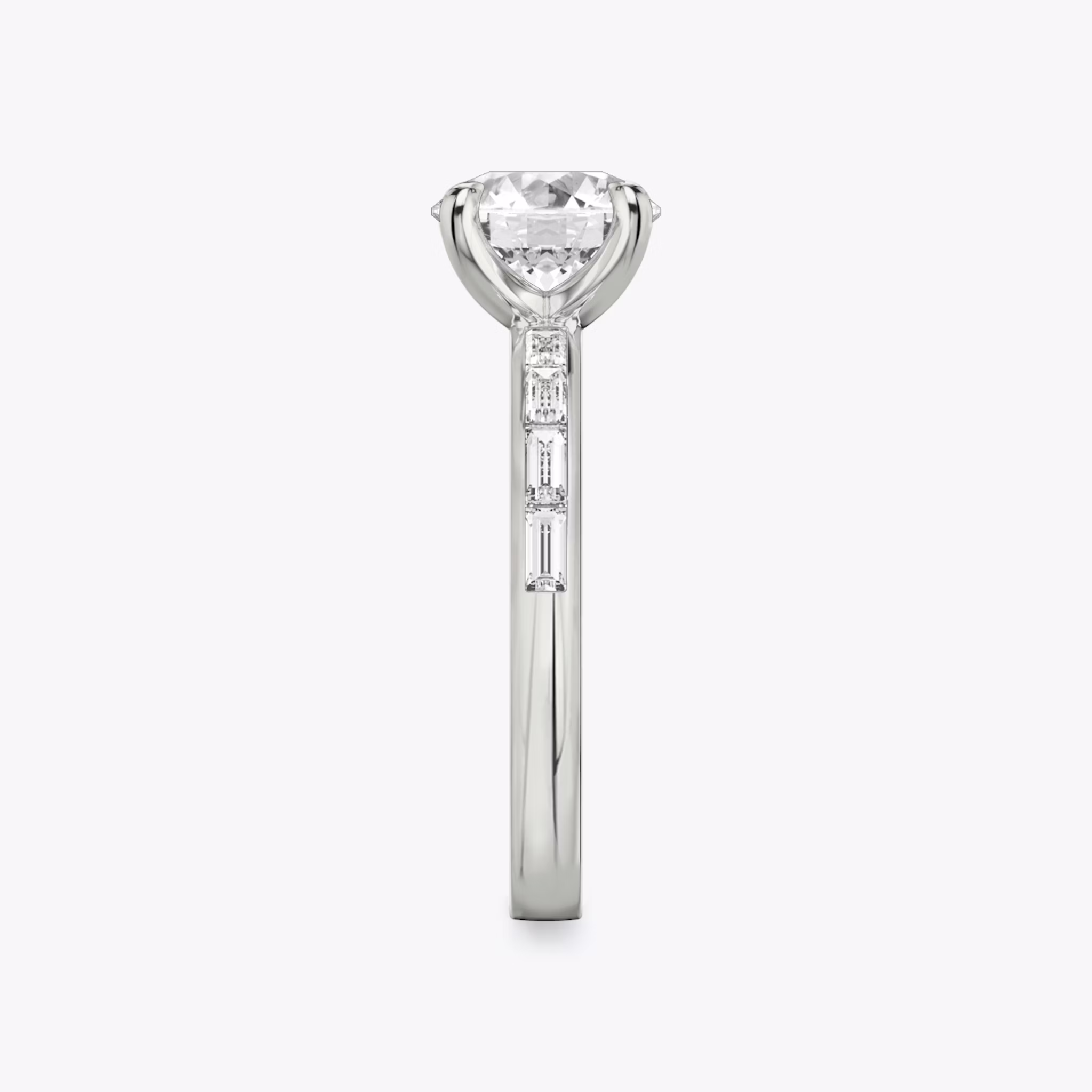 The Devotion | Round Brilliant | Platinum | bandAccent: Pavé | bandStoneShape: Baguette | bandStoneStyle: original | caratWeight: 1.0ct | diamondOrientation: vertical