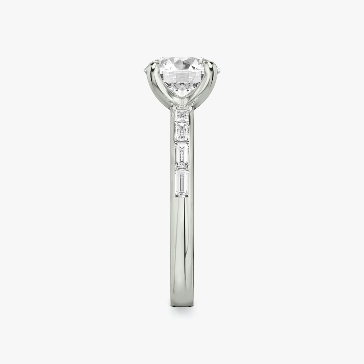 The Devotion | Round Brilliant | 18k | White Gold | bandAccent: Pavé | bandStoneShape: Baguette | bandStoneStyle: original | caratWeight: 2.0ct | diamondOrientation: vertical