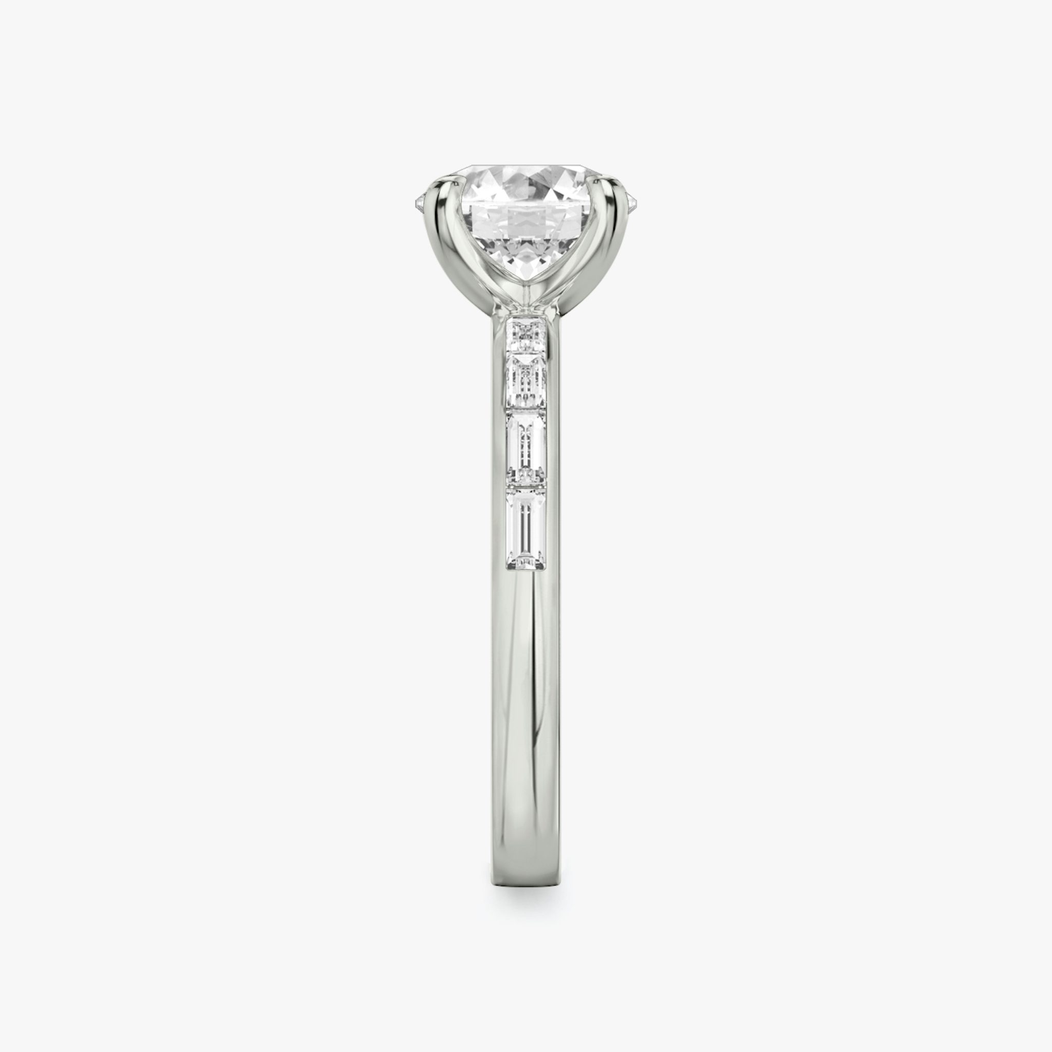 The Devotion | Round Brilliant | Platinum | bandAccent: Pavé | bandStoneShape: Baguette | bandStoneStyle: original | caratWeight: 1.0ct | diamondOrientation: vertical
