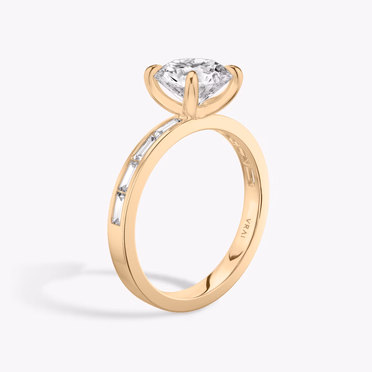 The Devotion | Round Brilliant | 14k | Rose Gold | bandAccent: Pavé | bandStoneShape: Baguette | bandStoneStyle: original | caratWeight: 2.0ct | diamondOrientation: vertical