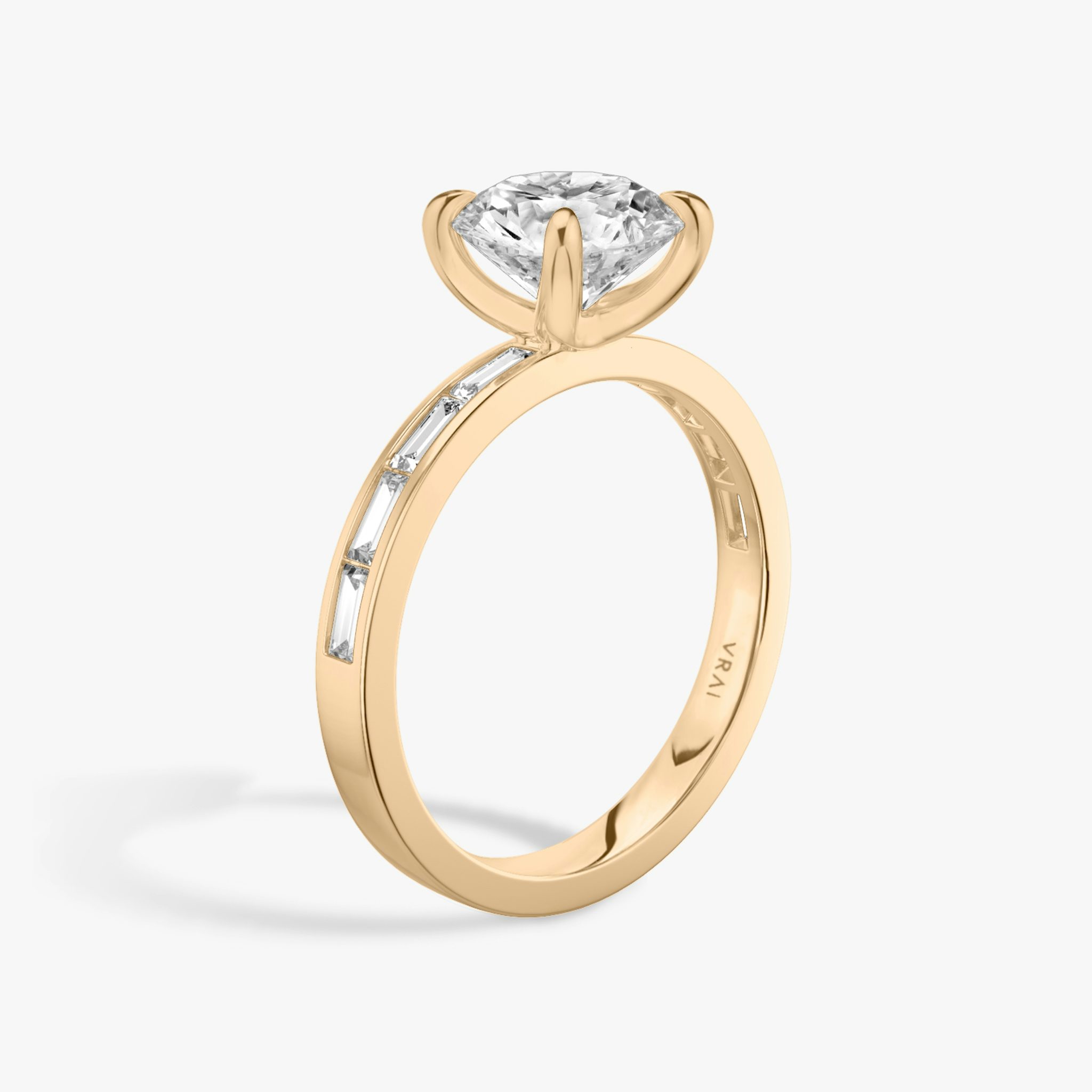 The Devotion | Round Brilliant | 14k | Rose Gold | bandAccent: Pavé | bandStoneShape: Baguette | bandStoneStyle: original | caratWeight: other | diamondOrientation: vertical
