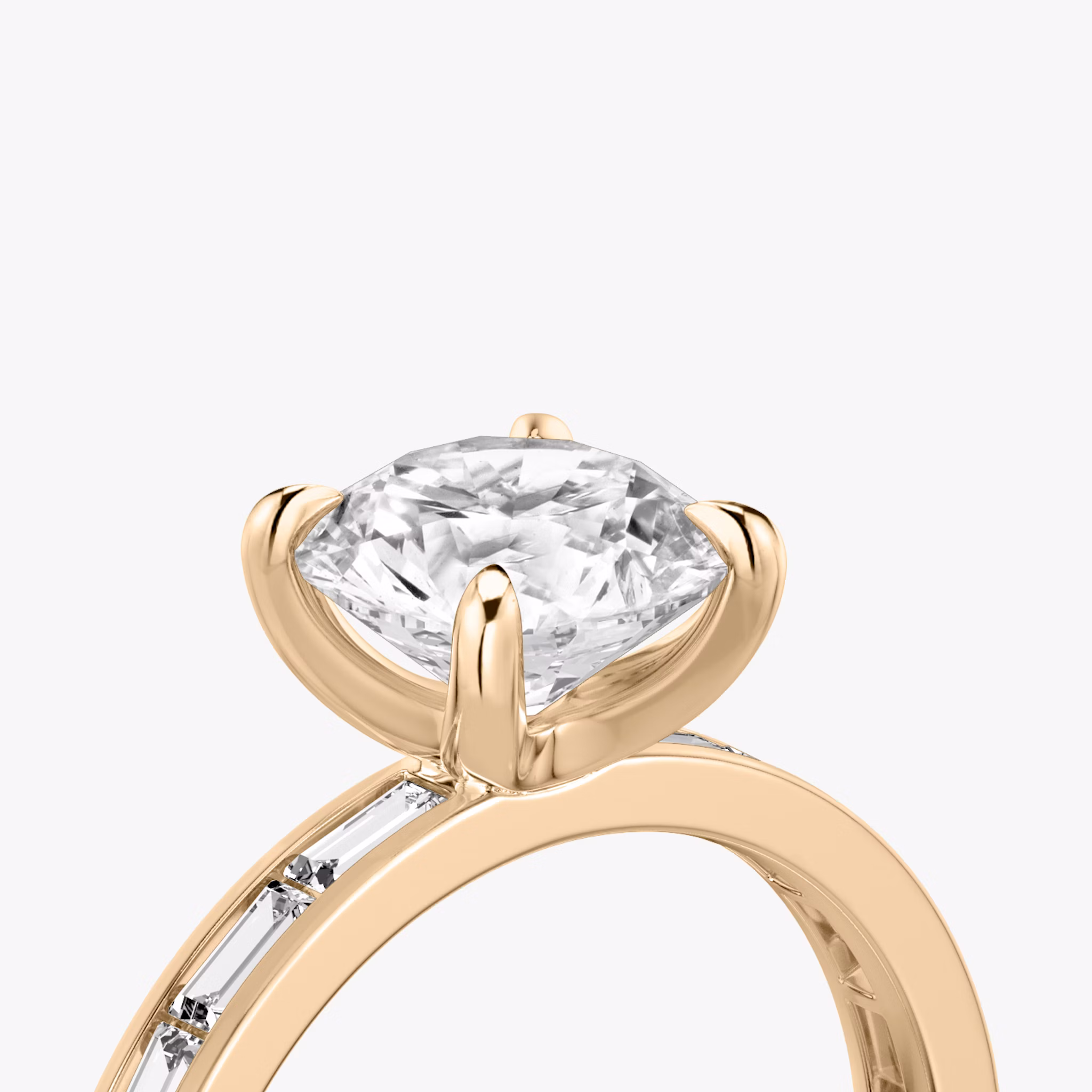 The Devotion | Round Brilliant | 14k | Rose Gold | bandAccent: Pavé | bandStoneShape: Baguette | bandStoneStyle: original | caratWeight: other | diamondOrientation: vertical