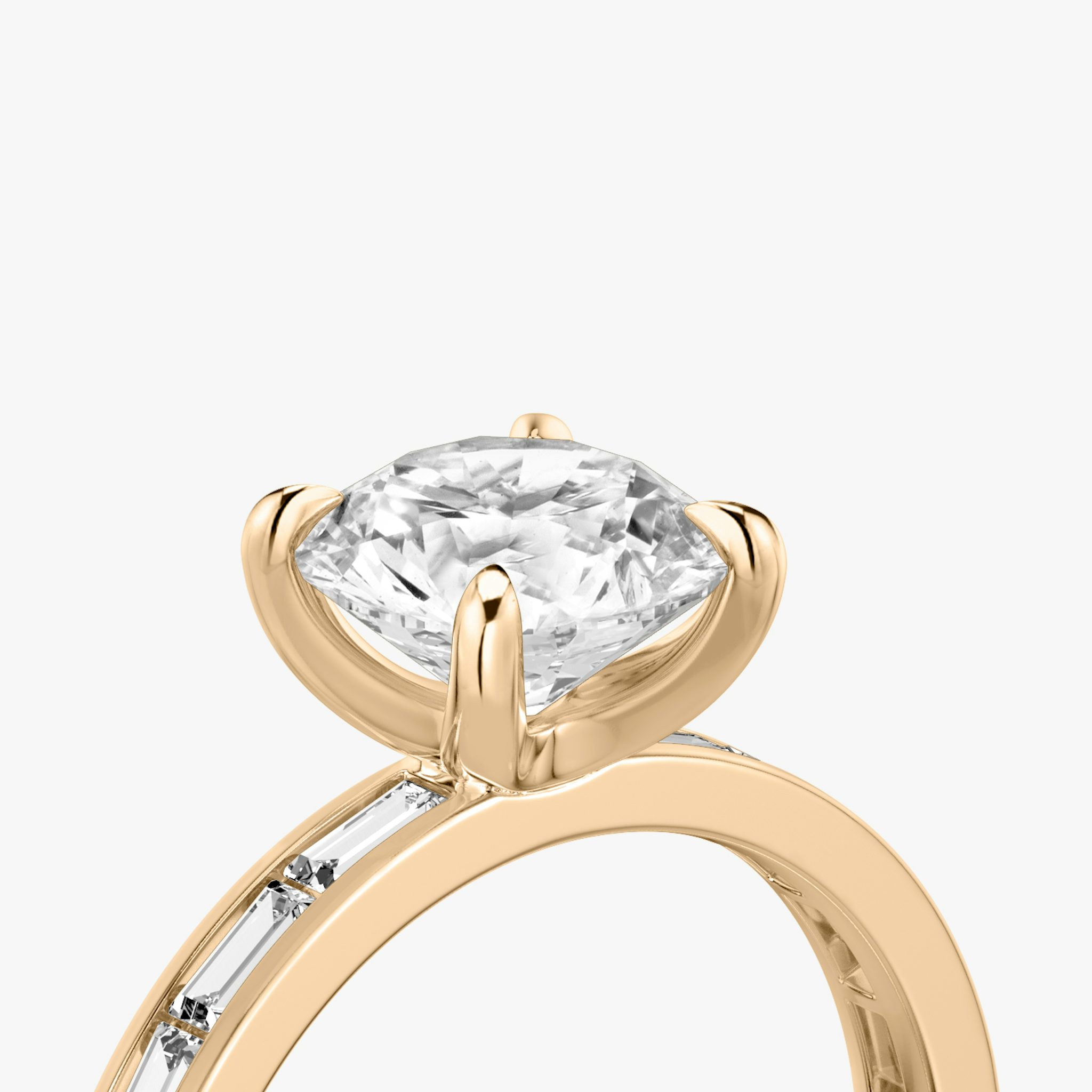 The Devotion | Round Brilliant | 14k | Rose Gold | bandAccent: Pavé | bandStoneShape: Baguette | bandStoneStyle: original | caratWeight: other | diamondOrientation: vertical