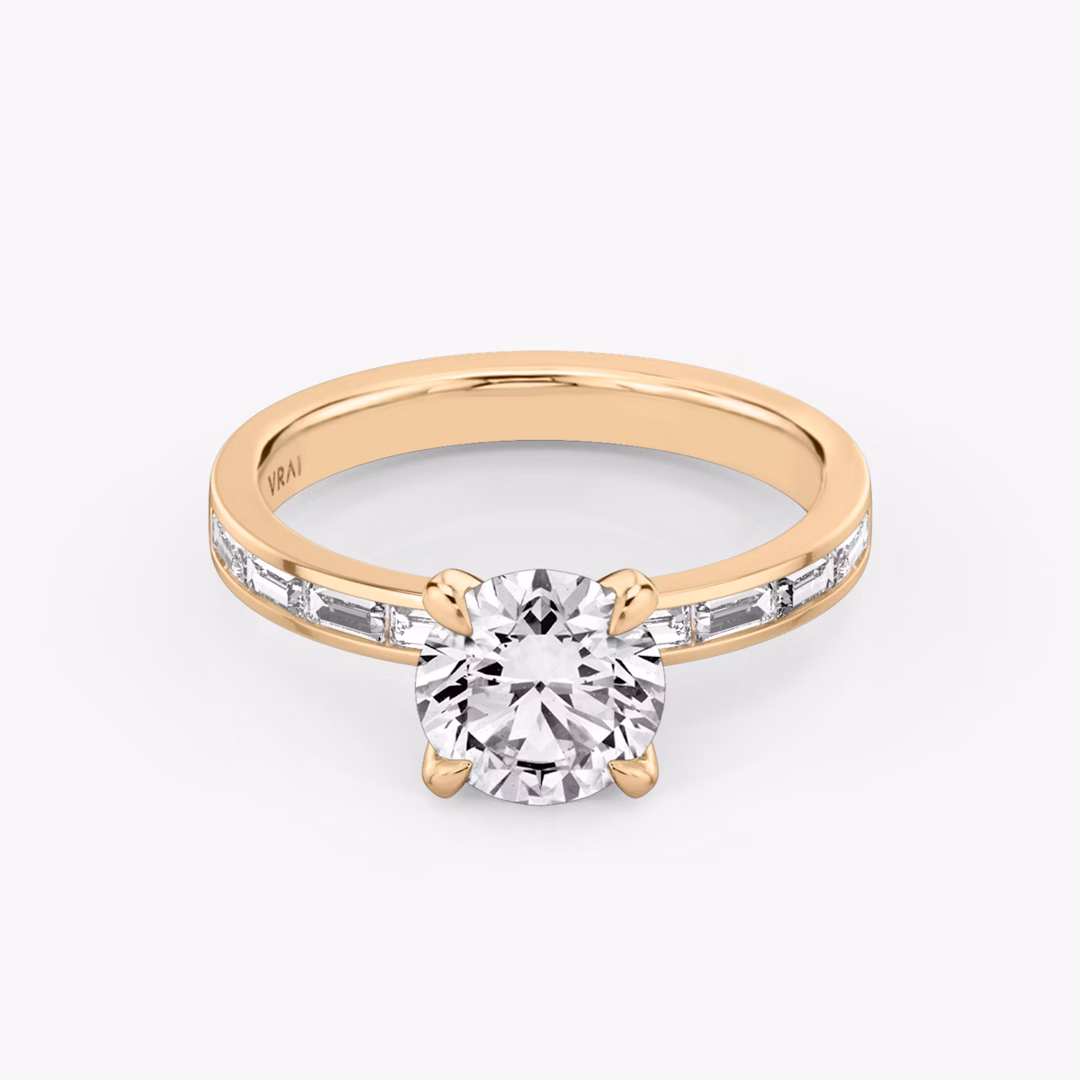 The Devotion | Round Brilliant | 14k | Rose Gold | bandAccent: Pavé | bandStoneShape: Baguette | bandStoneStyle: original | caratWeight: 2.0ct | diamondOrientation: vertical