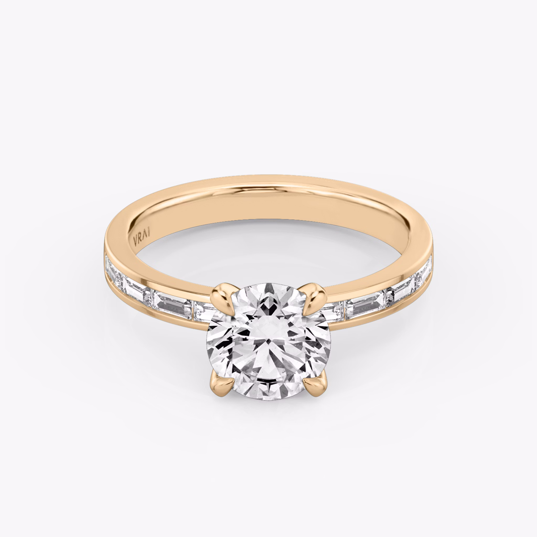 The Devotion | Round Brilliant | 14k | Rose Gold | bandAccent: Pavé | bandStoneShape: Baguette | bandStoneStyle: original | caratWeight: other | diamondOrientation: vertical