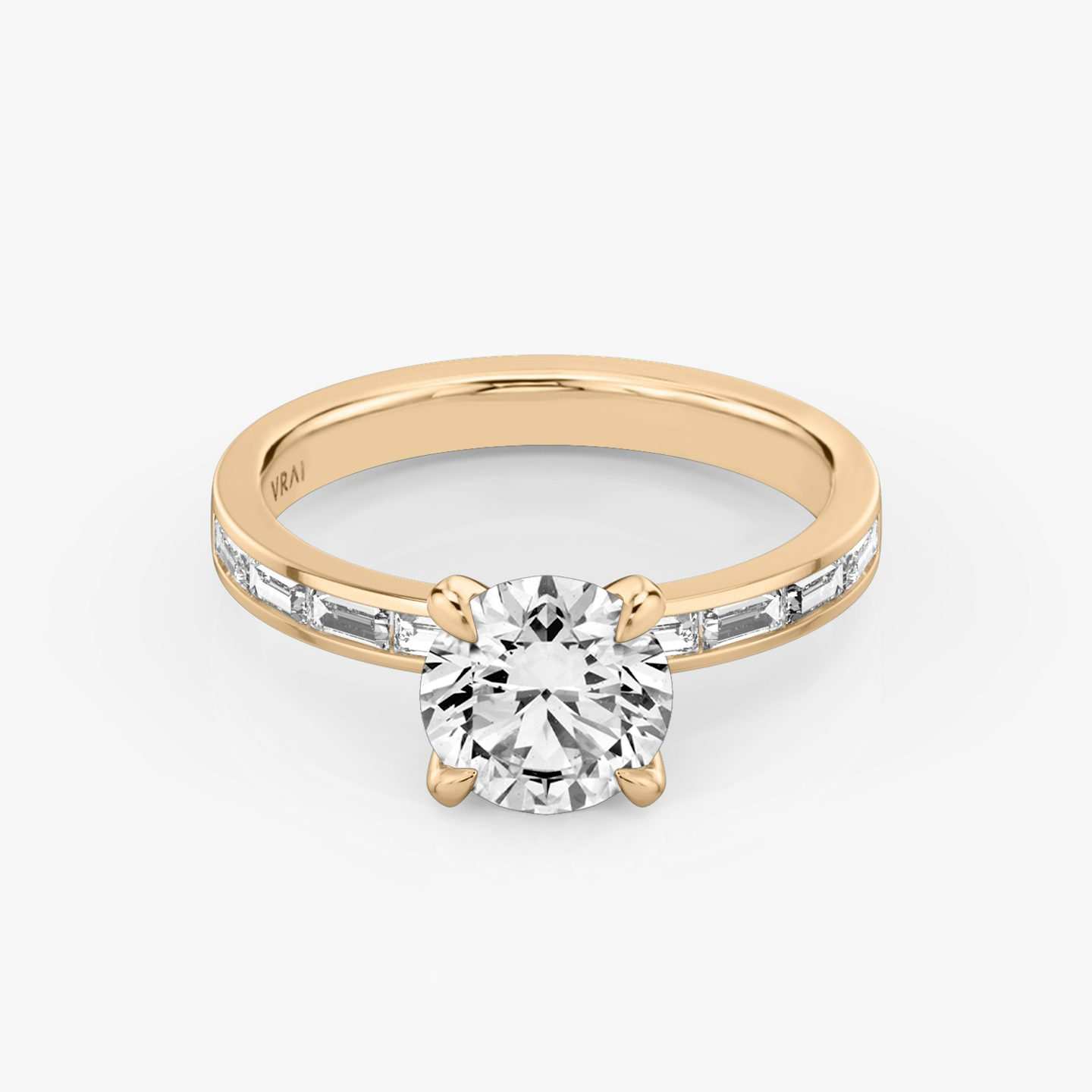 The Devotion | Round Brilliant | 14k | Rose Gold | bandAccent: Pavé | bandStoneShape: Baguette | bandStoneStyle: original | caratWeight: 1.5ct | diamondOrientation: vertical
