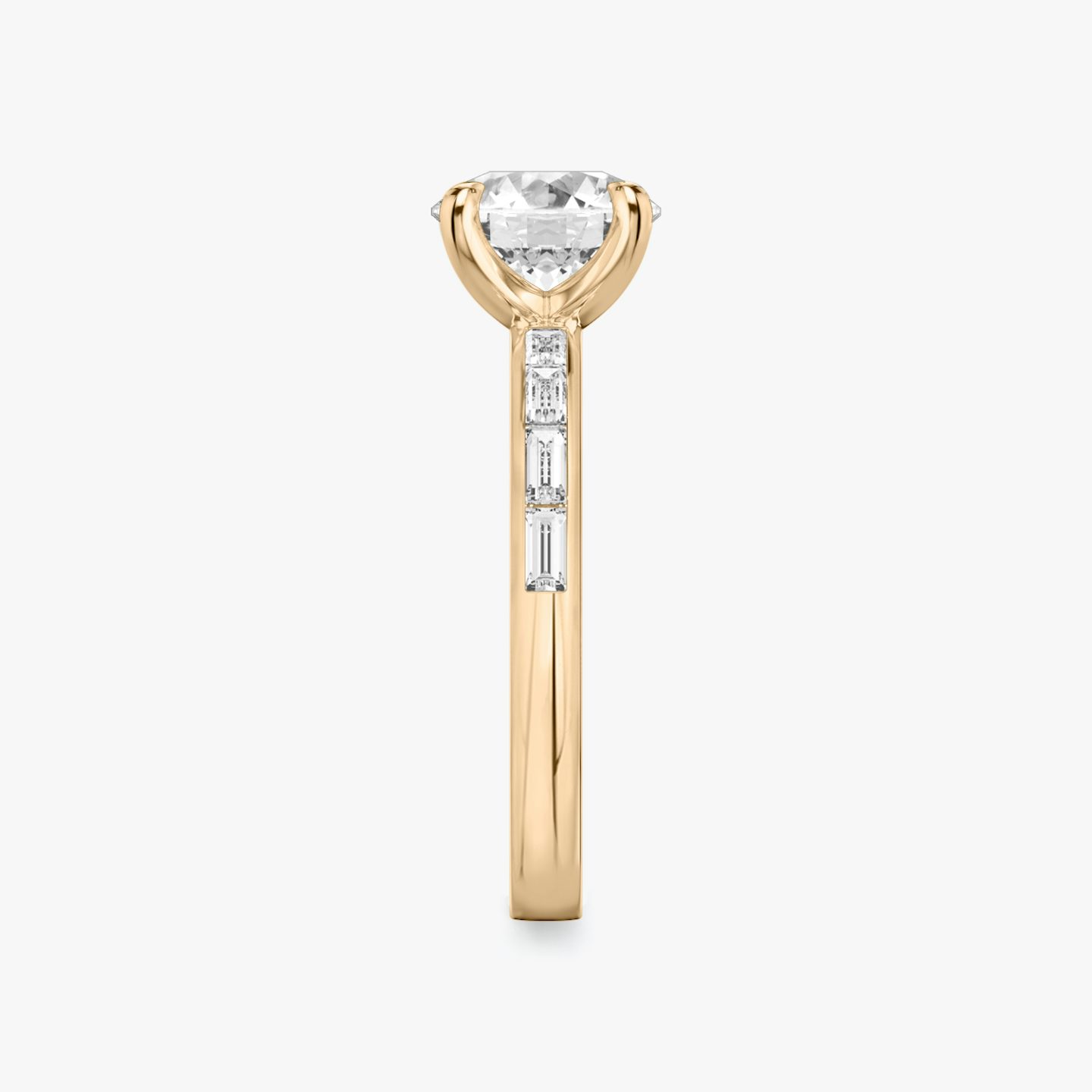 The Devotion | Round Brilliant | 14k | Rose Gold | bandAccent: Pavé | bandStoneShape: Baguette | bandStoneStyle: original | caratWeight: 1.5ct | diamondOrientation: vertical