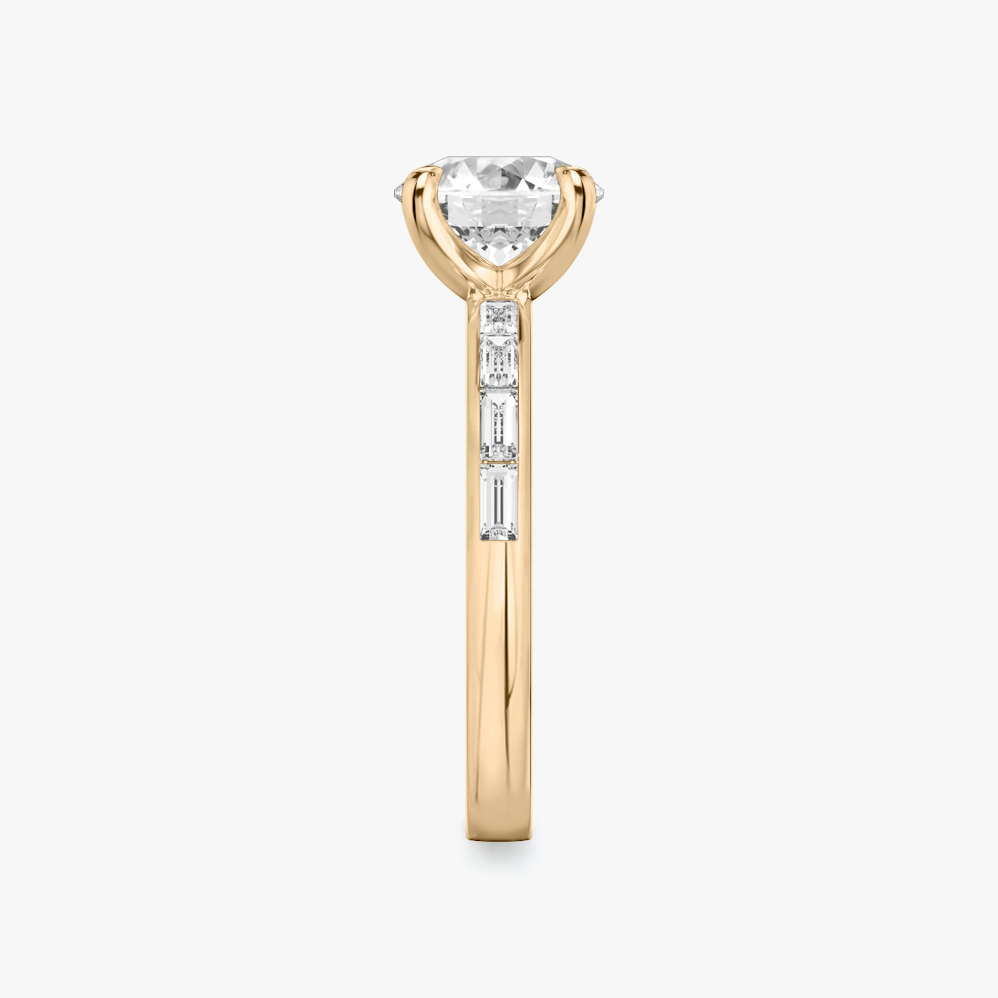 The Devotion | Round Brilliant | 14k | Rose Gold | bandAccent: Pavé | bandStoneShape: Baguette | bandStoneStyle: original | caratWeight: other | diamondOrientation: vertical