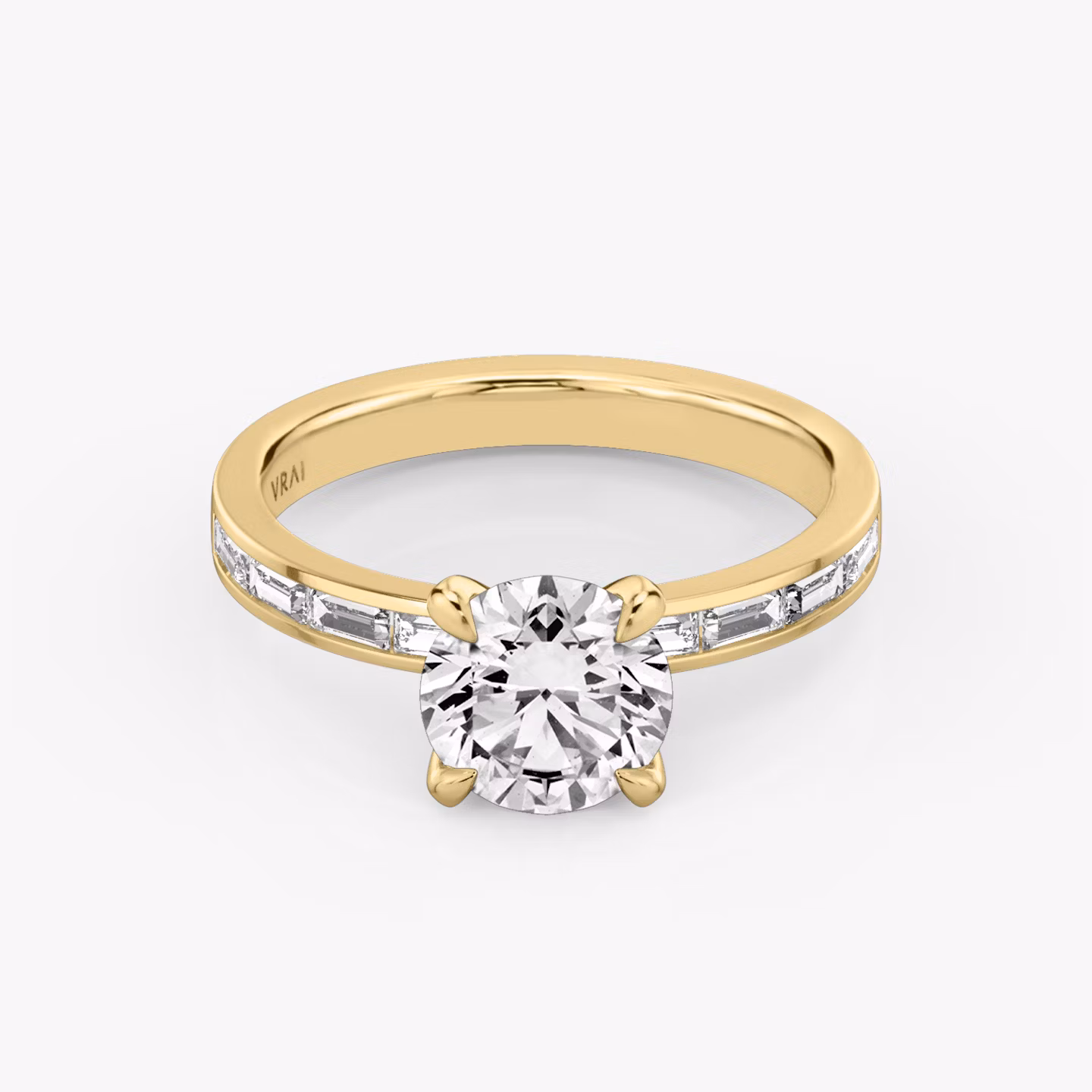 The Devotion | Round Brilliant | 18k | Yellow Gold | bandAccent: Pavé | bandStoneShape: Baguette | bandStoneStyle: original | caratWeight: 2.0ct | diamondOrientation: vertical