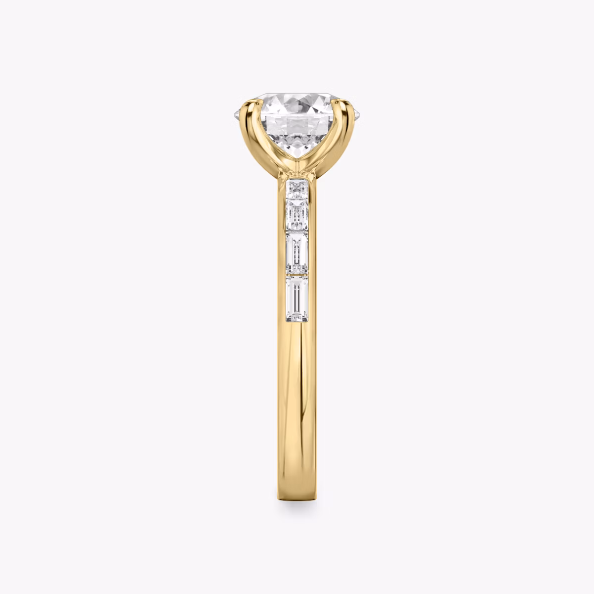 The Devotion | Round Brilliant | 18k | Yellow Gold | bandAccent: Pavé | bandStoneShape: Baguette | bandStoneStyle: original | caratWeight: 1.0ct | diamondOrientation: vertical