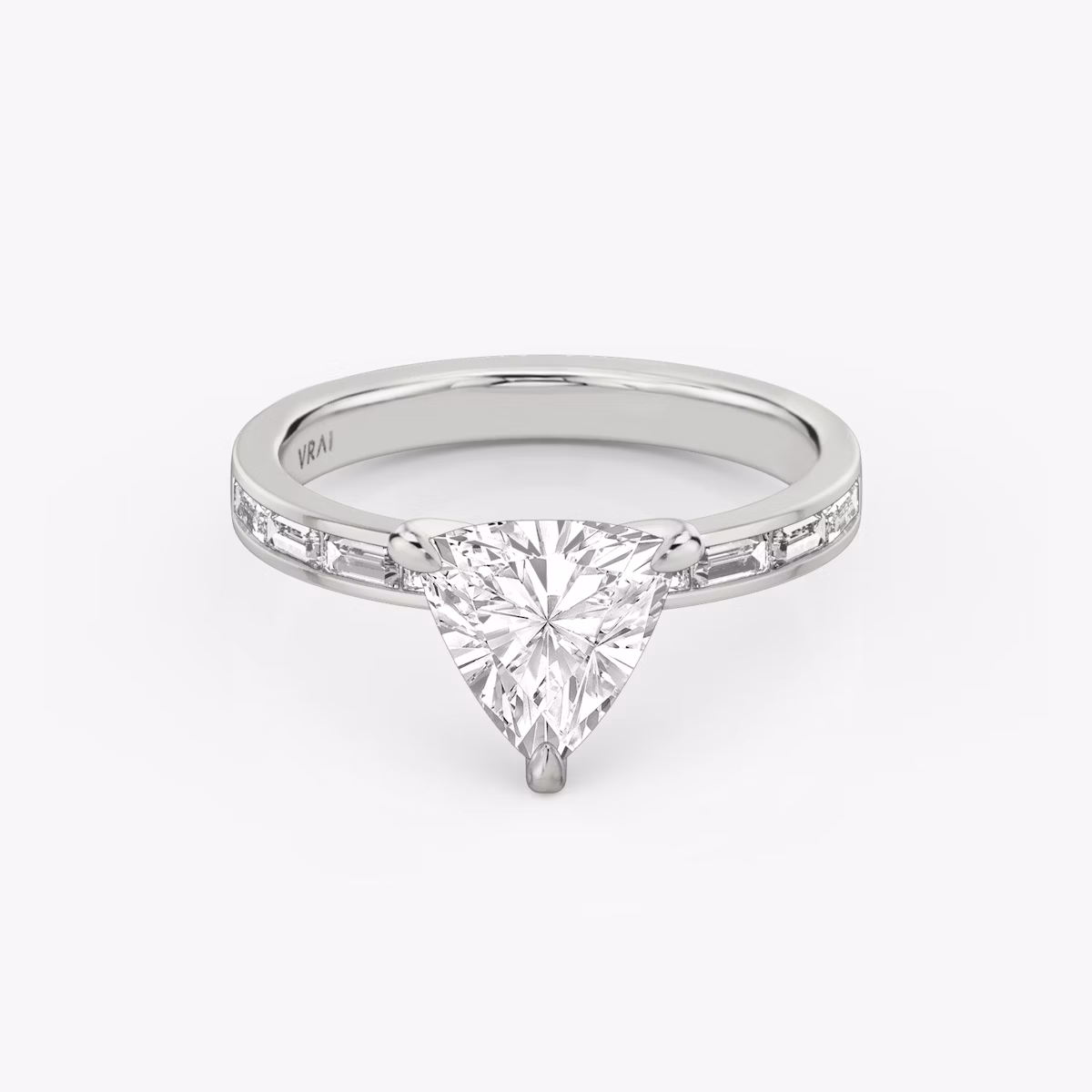 The Devotion | Trillion | 18k | White Gold | bandAccent: Pavé | bandStoneShape: Baguette | bandStoneStyle: original | diamondOrientation: vertical | caratWeight: other