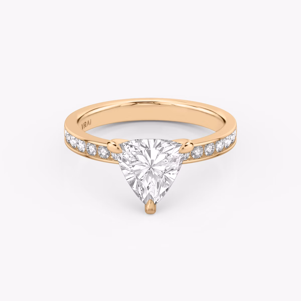 The Devotion | Trillion | 14k | Rose Gold | bandAccent: Pavé | bandStoneShape: Round Brilliant | bandStoneStyle: large | diamondOrientation: vertical | caratWeight: other