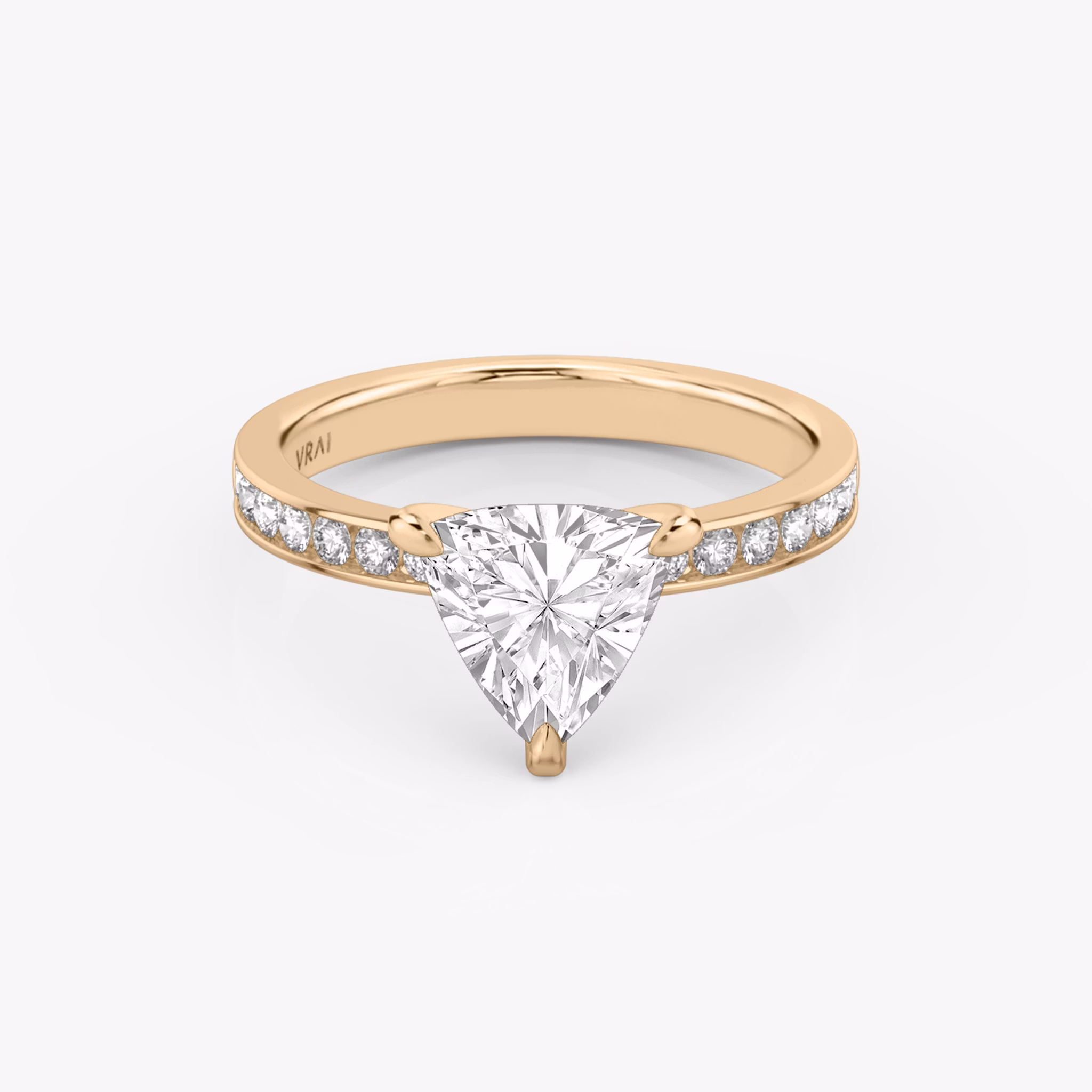 The Devotion | Trillion | 14k | Rose Gold | bandAccent: Pavé | bandStoneShape: Round Brilliant | bandStoneStyle: large | diamondOrientation: vertical | caratWeight: other