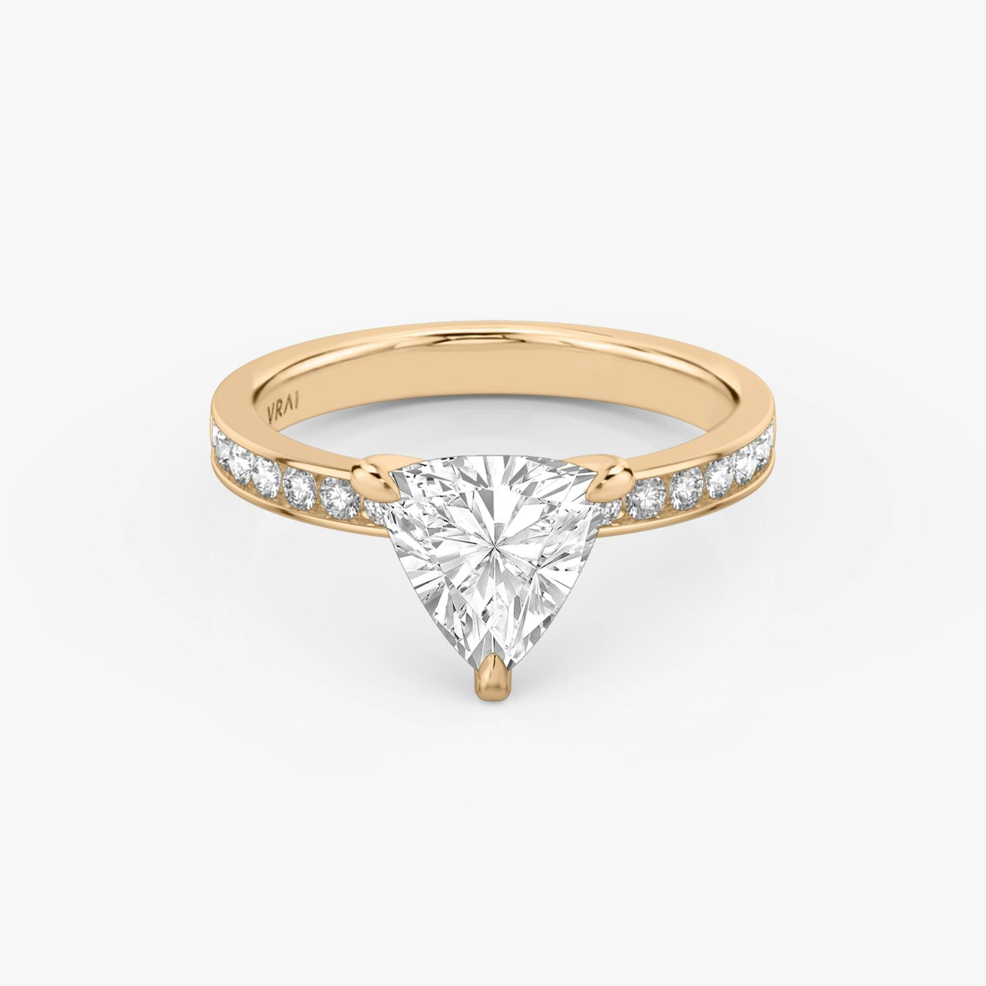 The Devotion | Trillion | 14k | Rose Gold | bandAccent: Pavé | bandStoneShape: Round Brilliant | bandStoneStyle: large | diamondOrientation: vertical | caratWeight: other