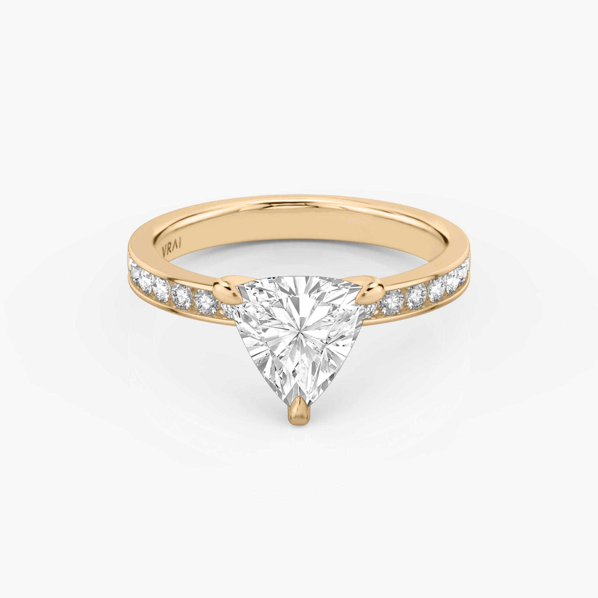 The Devotion | Trillion | 14k | Rose Gold | bandAccent: Pavé | bandStoneShape: Round Brilliant | bandStoneStyle: large | diamondOrientation: vertical | caratWeight: other