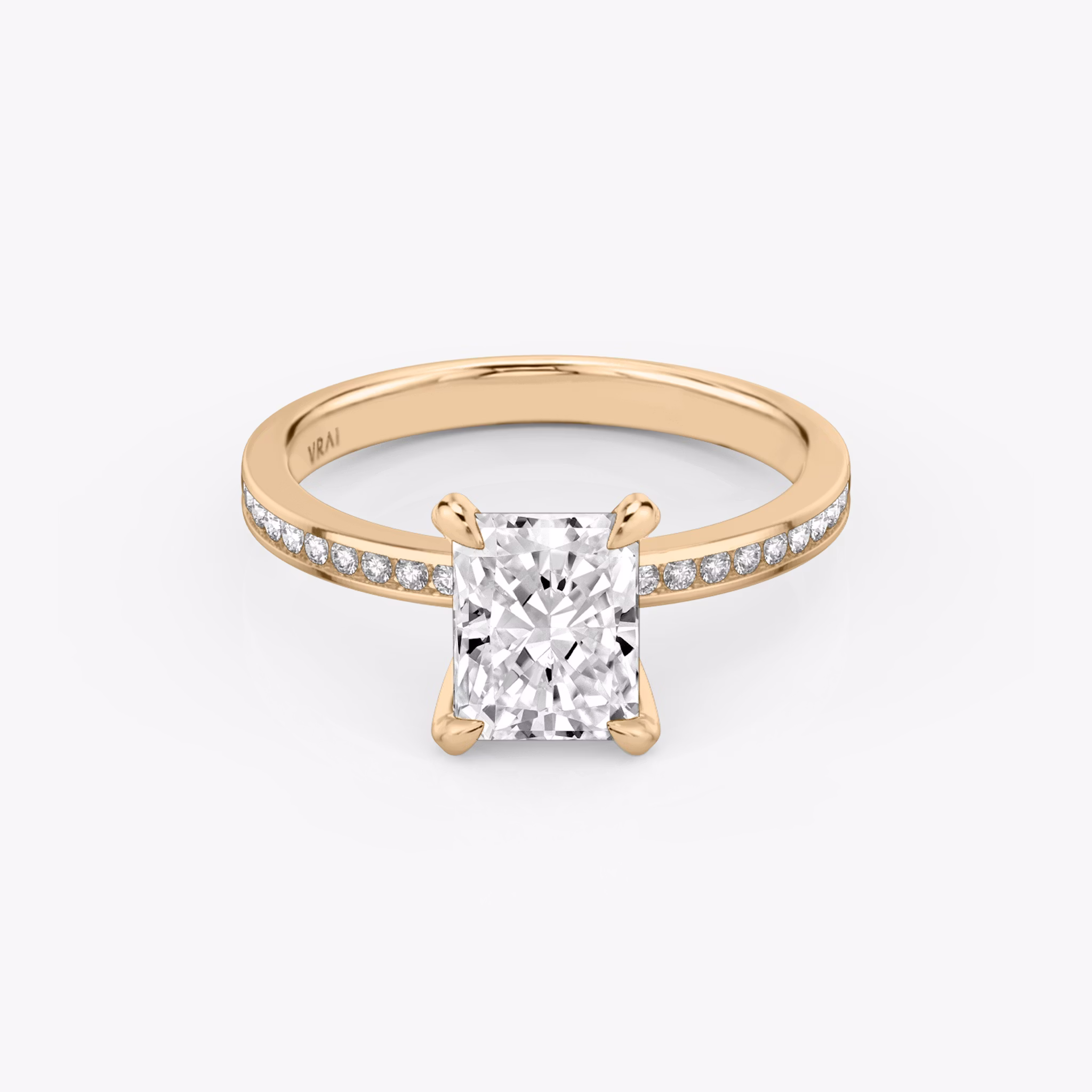 The Devotion | Radiant | 14k | Rose Gold | bandAccent: Pavé | bandStoneShape: Round Brilliant | bandStoneStyle: original | diamondOrientation: vertical | caratWeight: other
