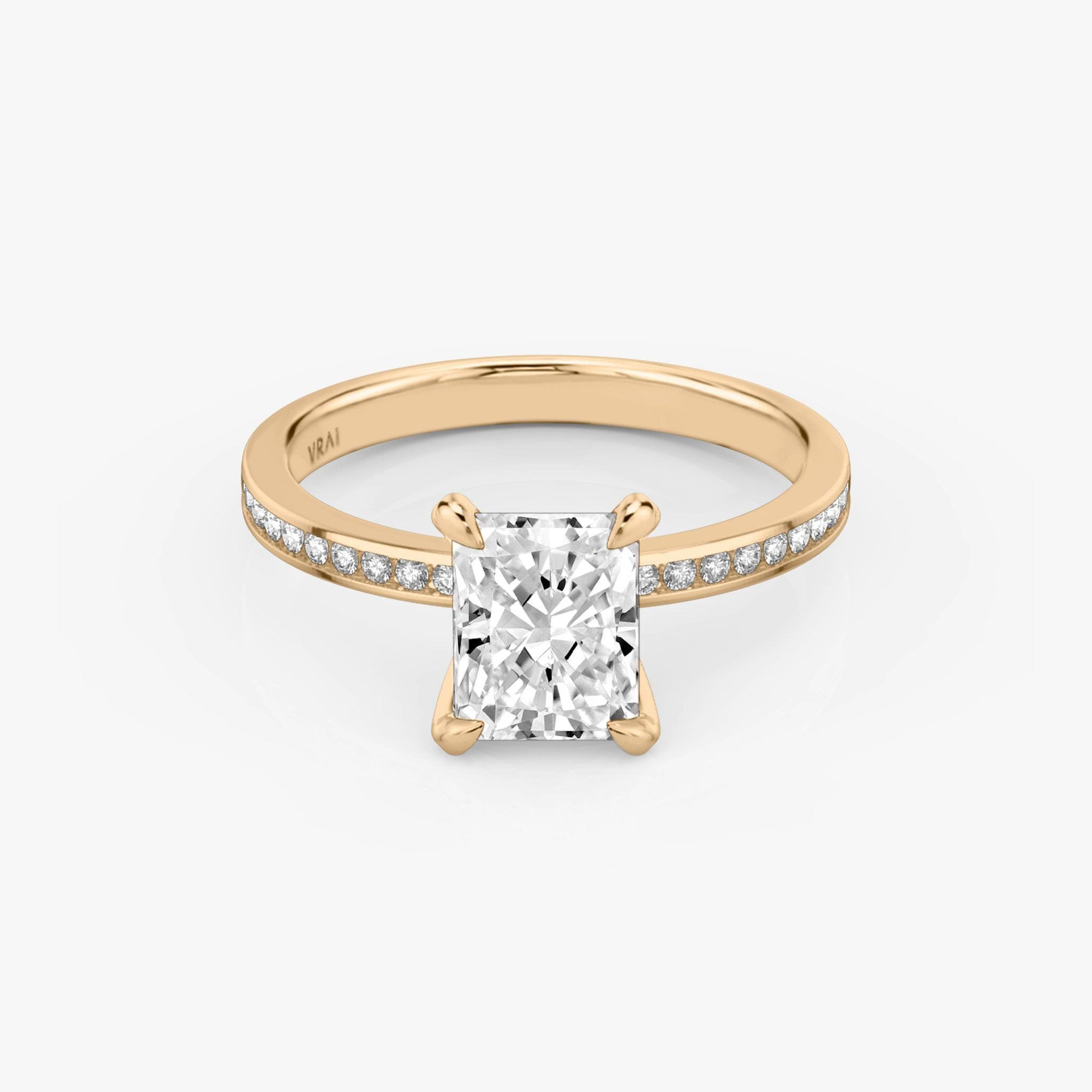 The Devotion | Radiant | 14k | Rose Gold | bandAccent: Pavé | bandStoneShape: Round Brilliant | bandStoneStyle: original | diamondOrientation: vertical | caratWeight: other