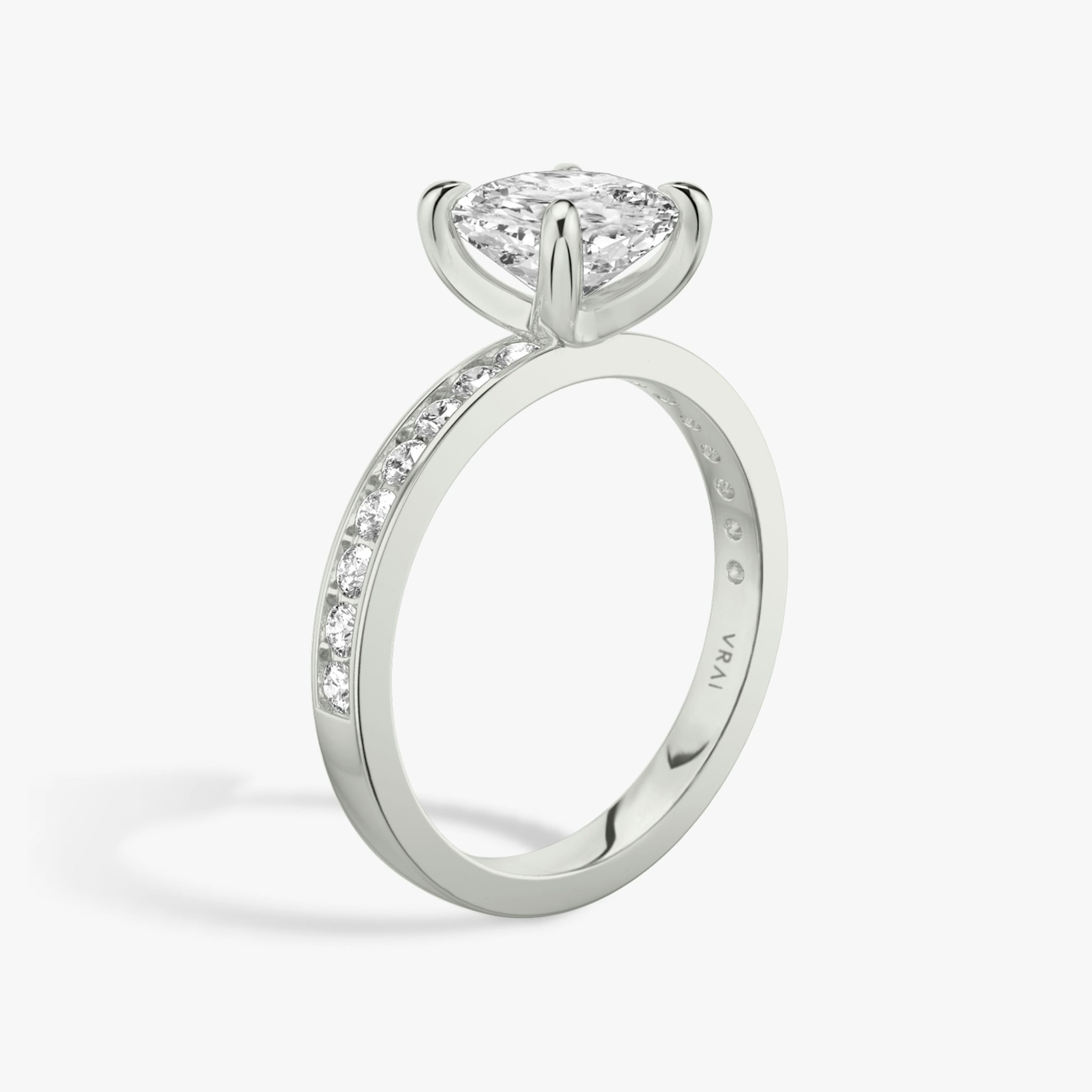 The Devotion | Cushion | Platinum | bandAccent: Pavé | bandStoneShape: Round Brilliant | bandStoneStyle: large | diamondOrientation: vertical | caratWeight: other