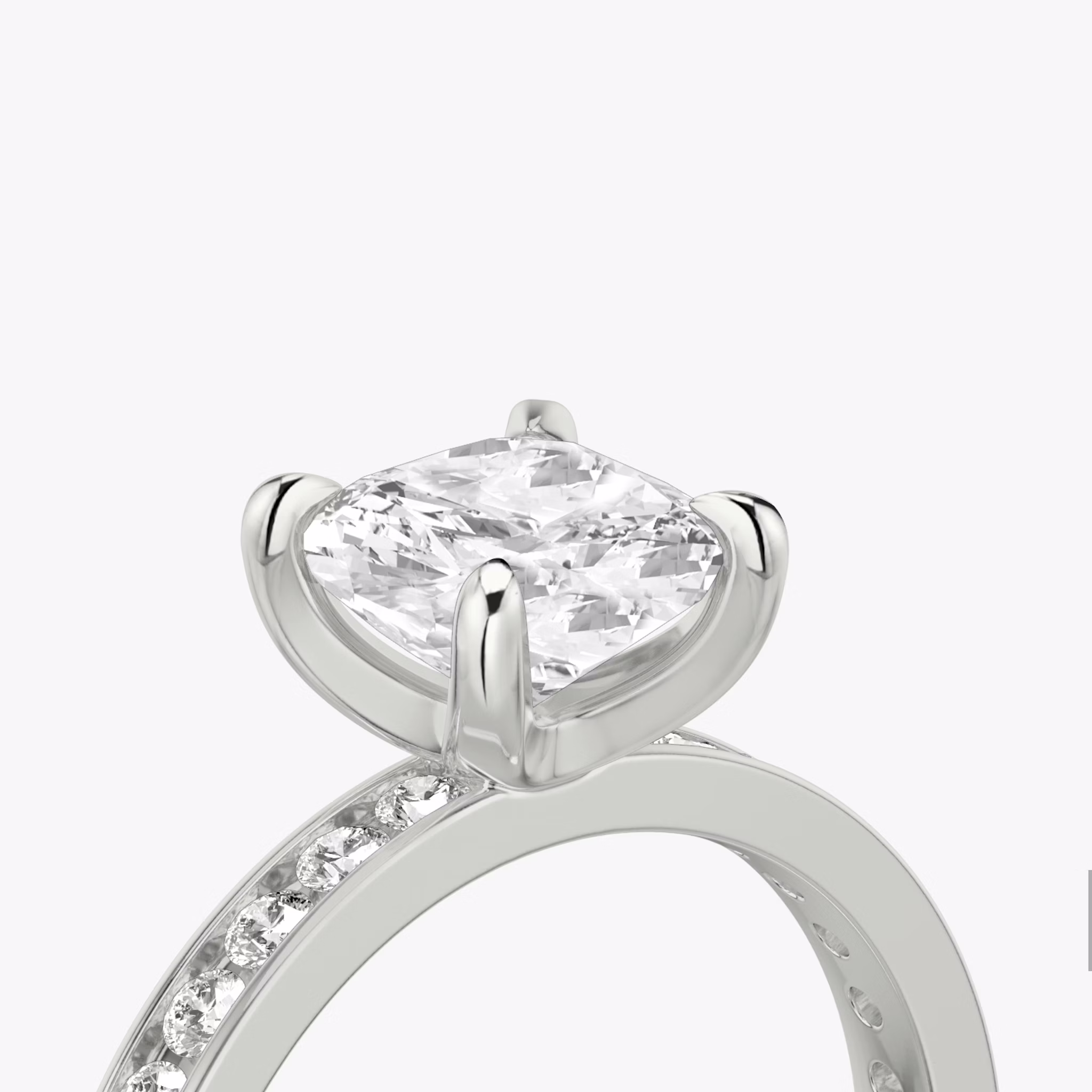 The Devotion | Cushion | Platinum | bandAccent: Pavé | bandStoneShape: Round Brilliant | bandStoneStyle: large | diamondOrientation: vertical | caratWeight: other