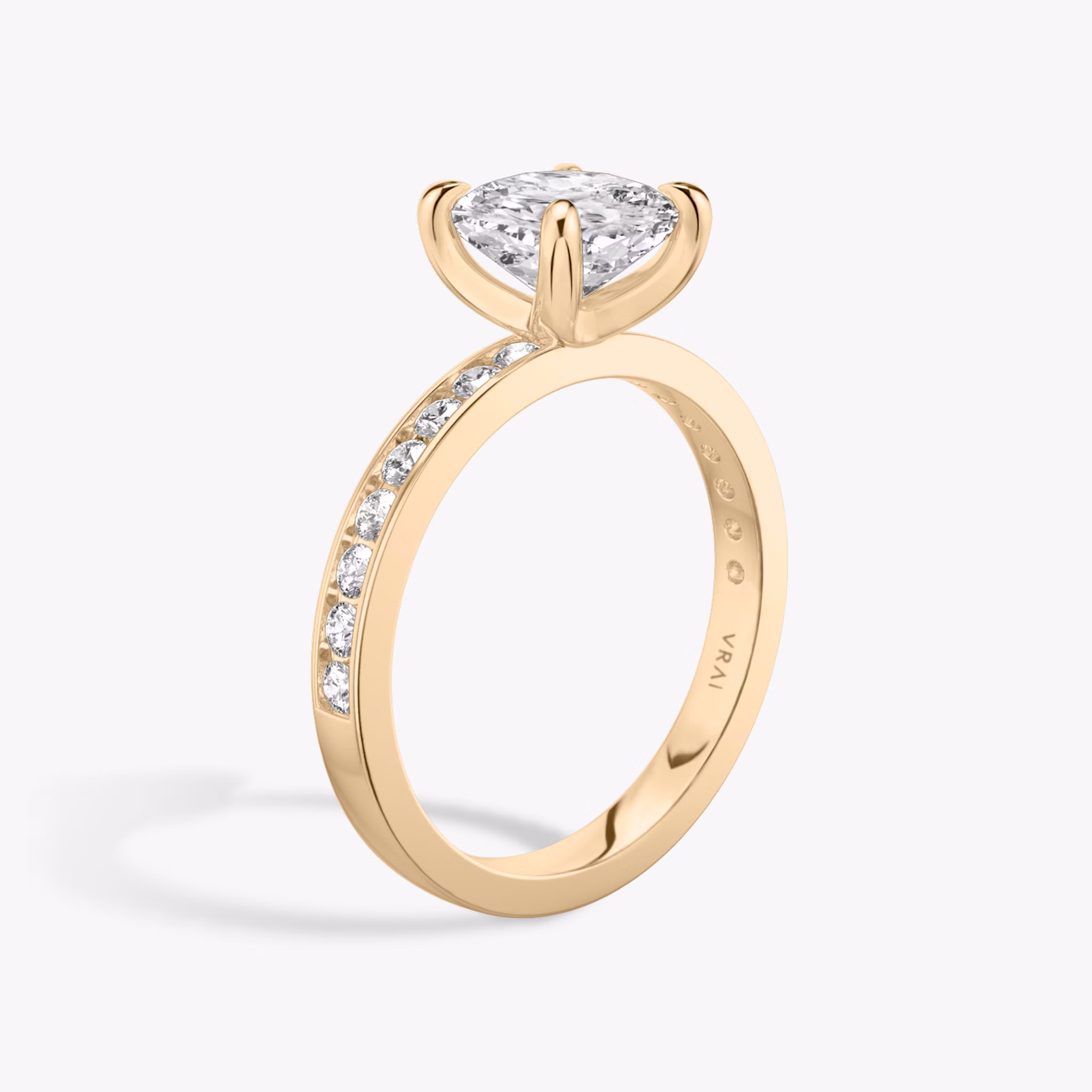 The Devotion | Cushion | 14k | Rose Gold | bandAccent: Pavé | bandStoneShape: Round Brilliant | bandStoneStyle: large | diamondOrientation: vertical | caratWeight: other
