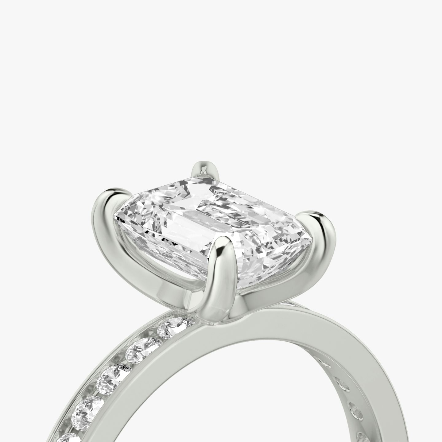 The Devotion | Emerald | 18k | White Gold | bandAccent: Pavé | bandStoneShape: Round Brilliant | bandStoneStyle: large | diamondOrientation: vertical | caratWeight: other
