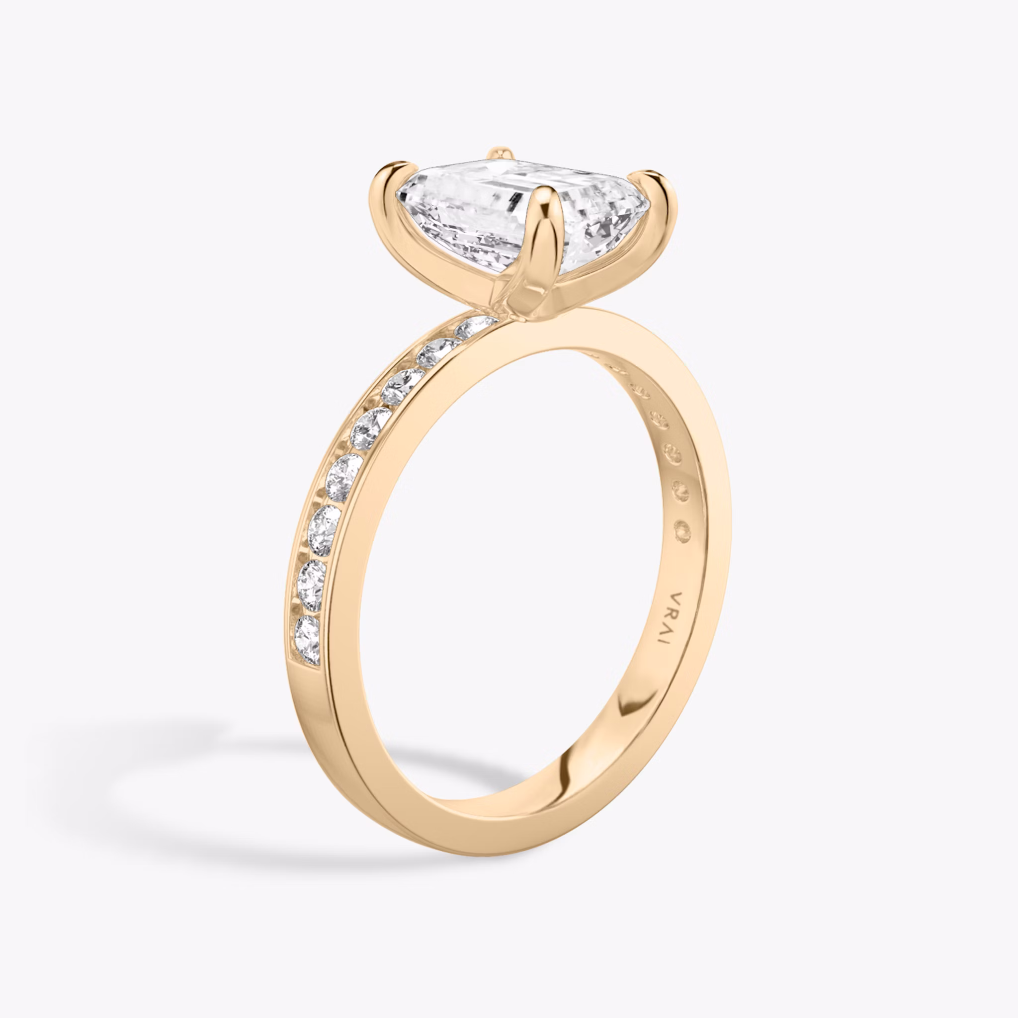 The Devotion | Emerald | 14k | Rose Gold | bandAccent: Pavé | bandStoneShape: Round Brilliant | bandStoneStyle: large | diamondOrientation: vertical | caratWeight: other