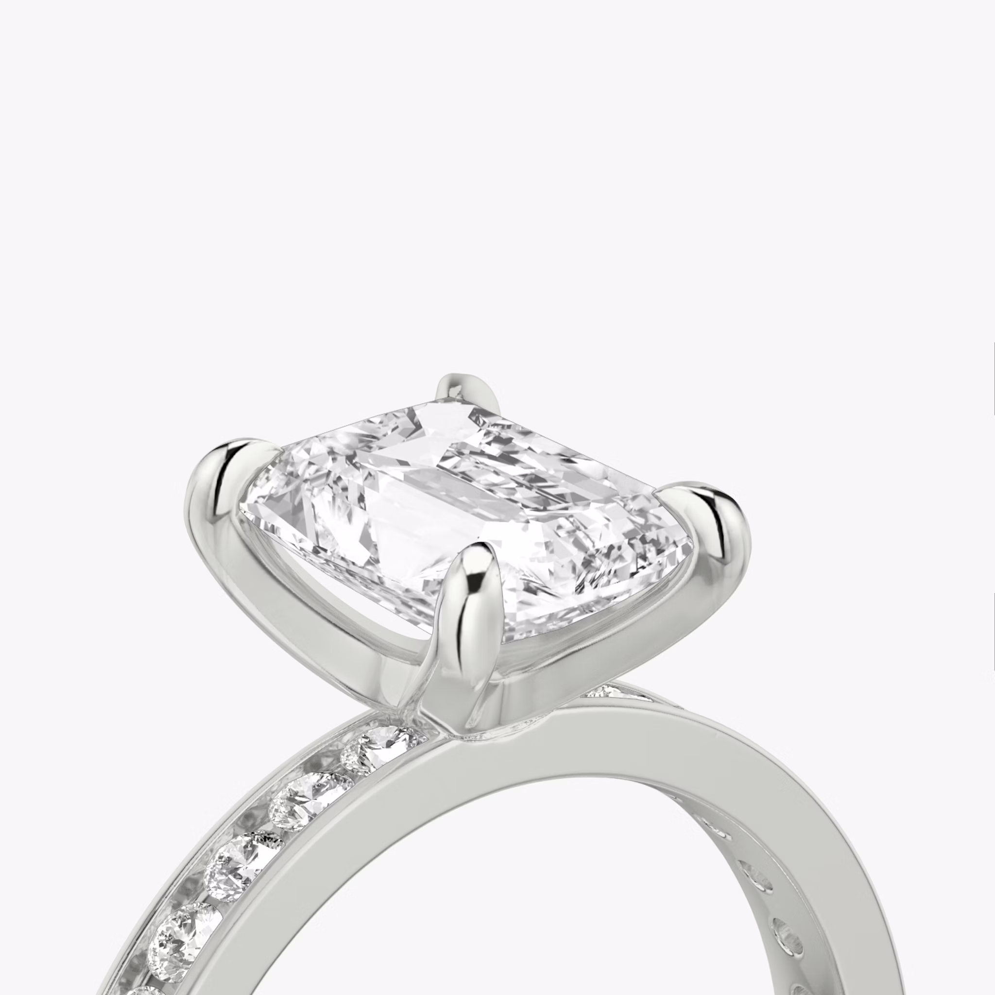 The Devotion | Radiant | Platinum | bandAccent: Pavé | bandStoneShape: Round Brilliant | bandStoneStyle: large | diamondOrientation: vertical | caratWeight: other
