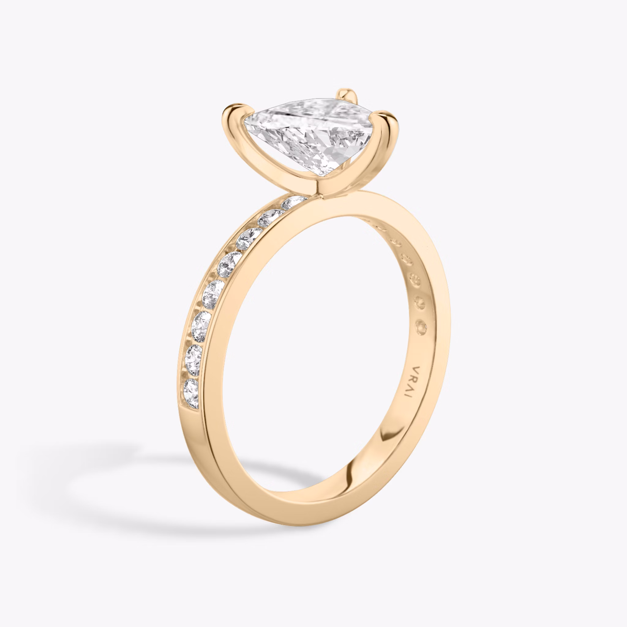 The Devotion | Trillion | 14k | Rose Gold | bandAccent: Pavé | bandStoneShape: Round Brilliant | bandStoneStyle: large | diamondOrientation: vertical | caratWeight: other