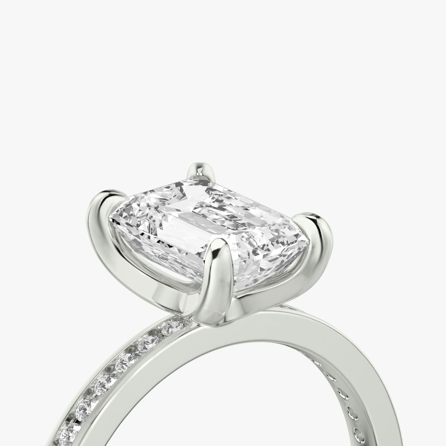 The Devotion | Emerald | Platinum | bandAccent: Pavé | bandStoneShape: Round Brilliant | bandStoneStyle: original | diamondOrientation: vertical | caratWeight: other