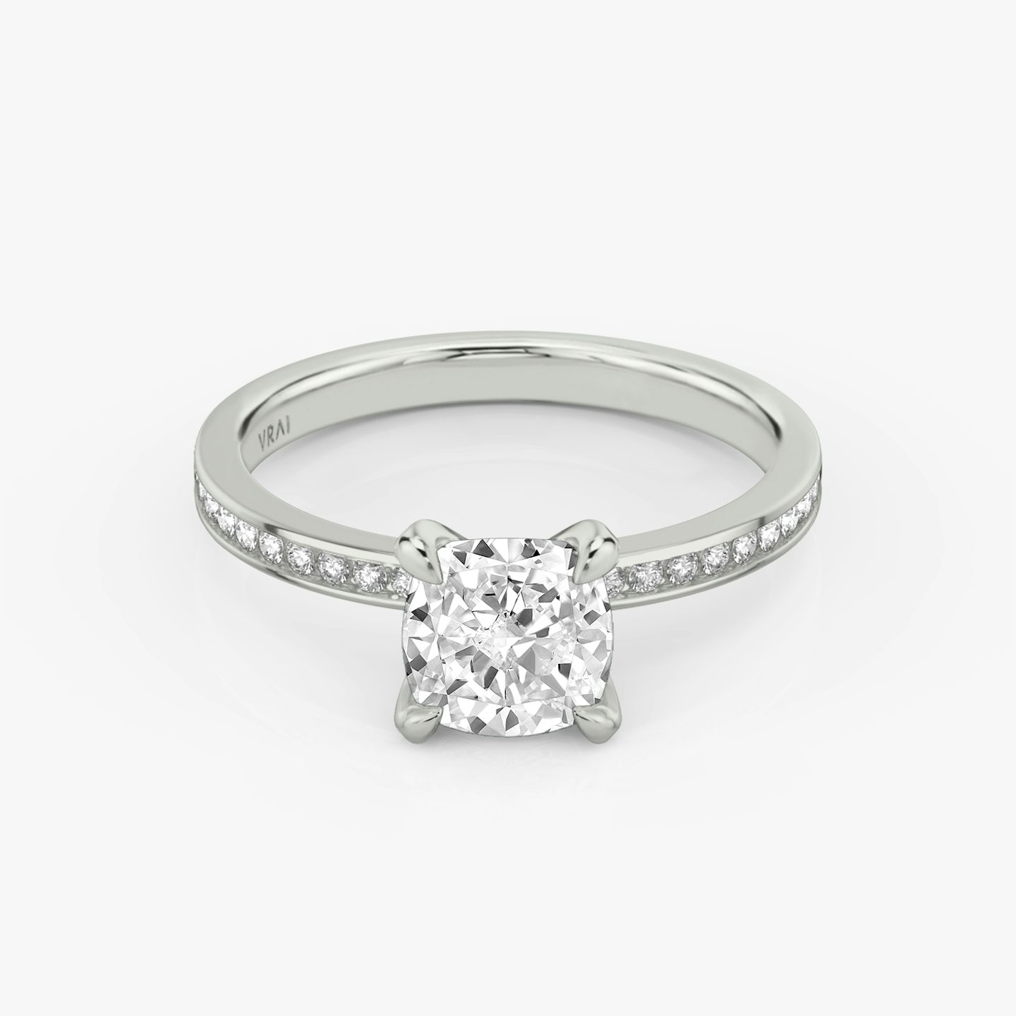The Devotion | Cushion | 18k | White Gold | bandAccent: Pavé | bandStoneShape: Round Brilliant | bandStoneStyle: original | diamondOrientation: vertical | caratWeight: other