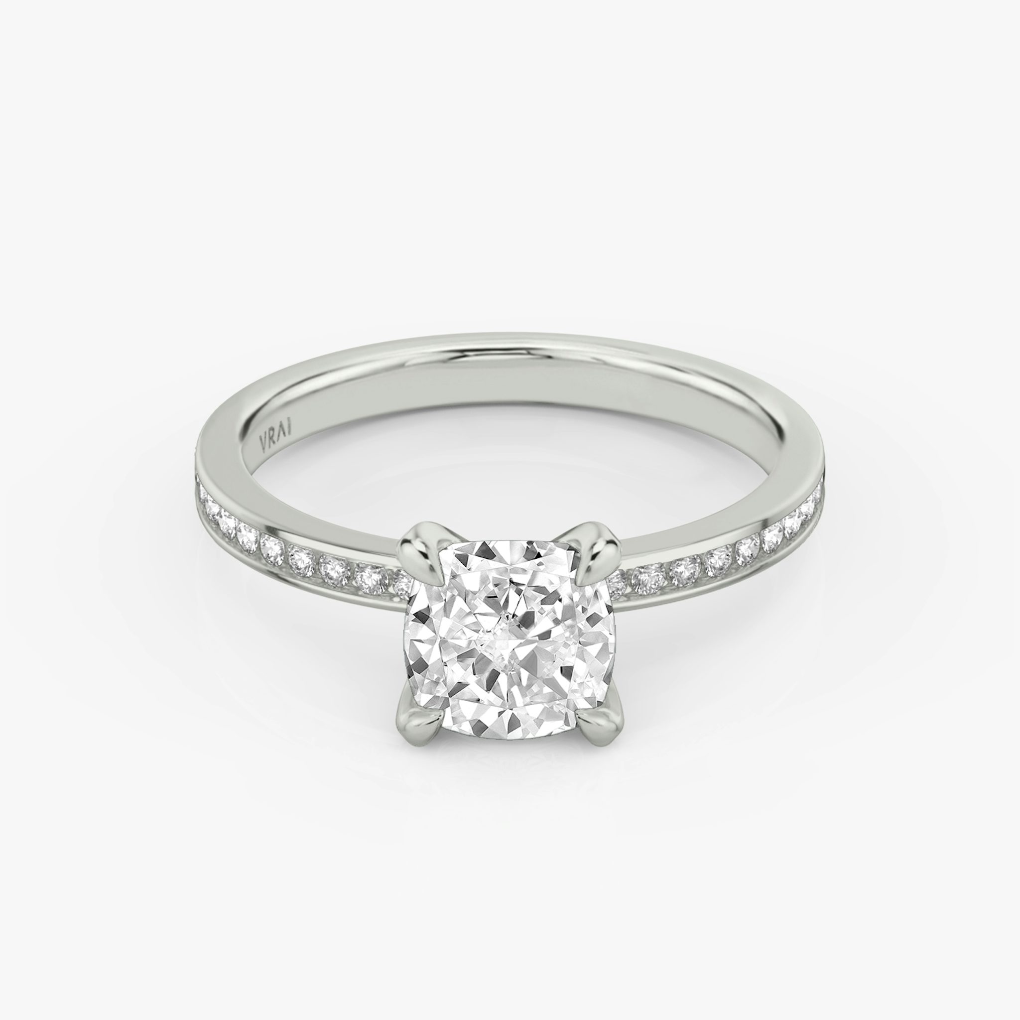 The Devotion | Cushion | 18k | White Gold | bandAccent: Pavé | bandStoneShape: Round Brilliant | bandStoneStyle: original | diamondOrientation: vertical | caratWeight: other