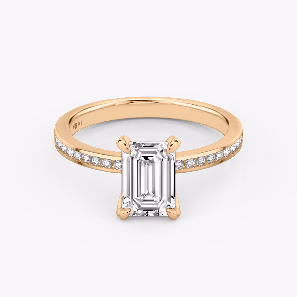 The Devotion | Emerald | 14k | Rose Gold | bandAccent: Pavé | bandStoneShape: Round Brilliant | bandStoneStyle: original | diamondOrientation: vertical | caratWeight: other